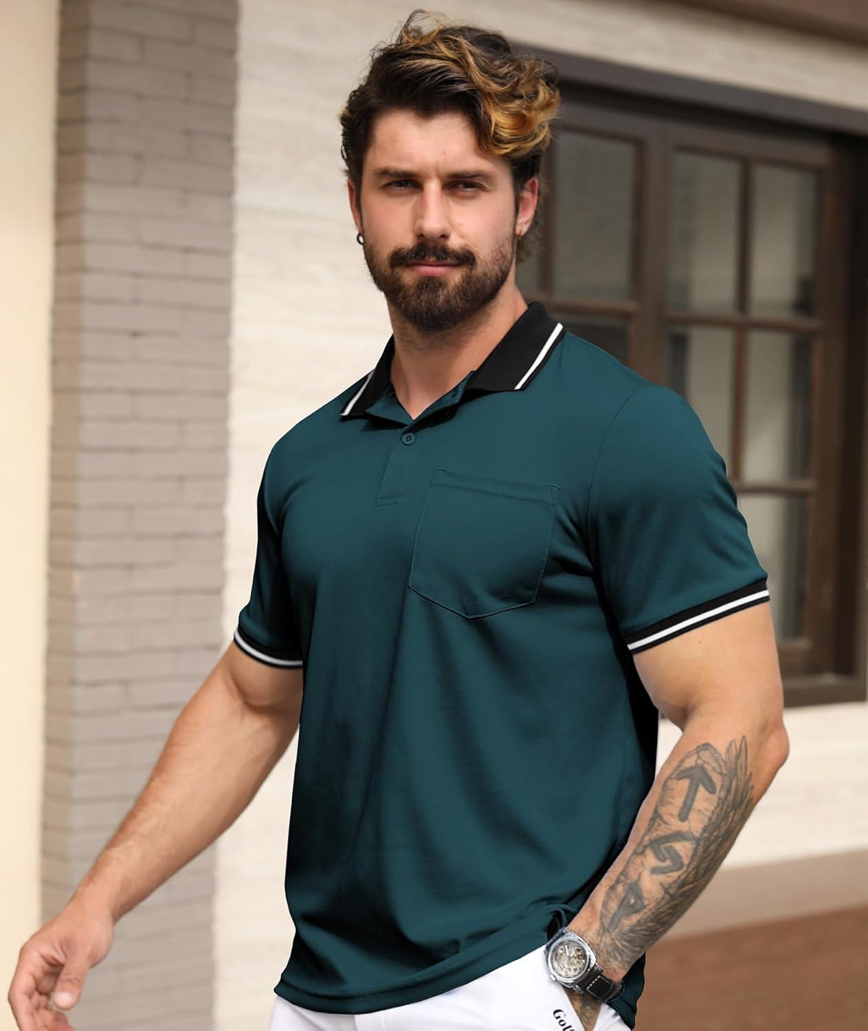 imageZITY Mens Polo Shirts Casual Short Sleeve Athletic TShirts Classic Contrast Collar Shirt with PocketDark Duck Blue