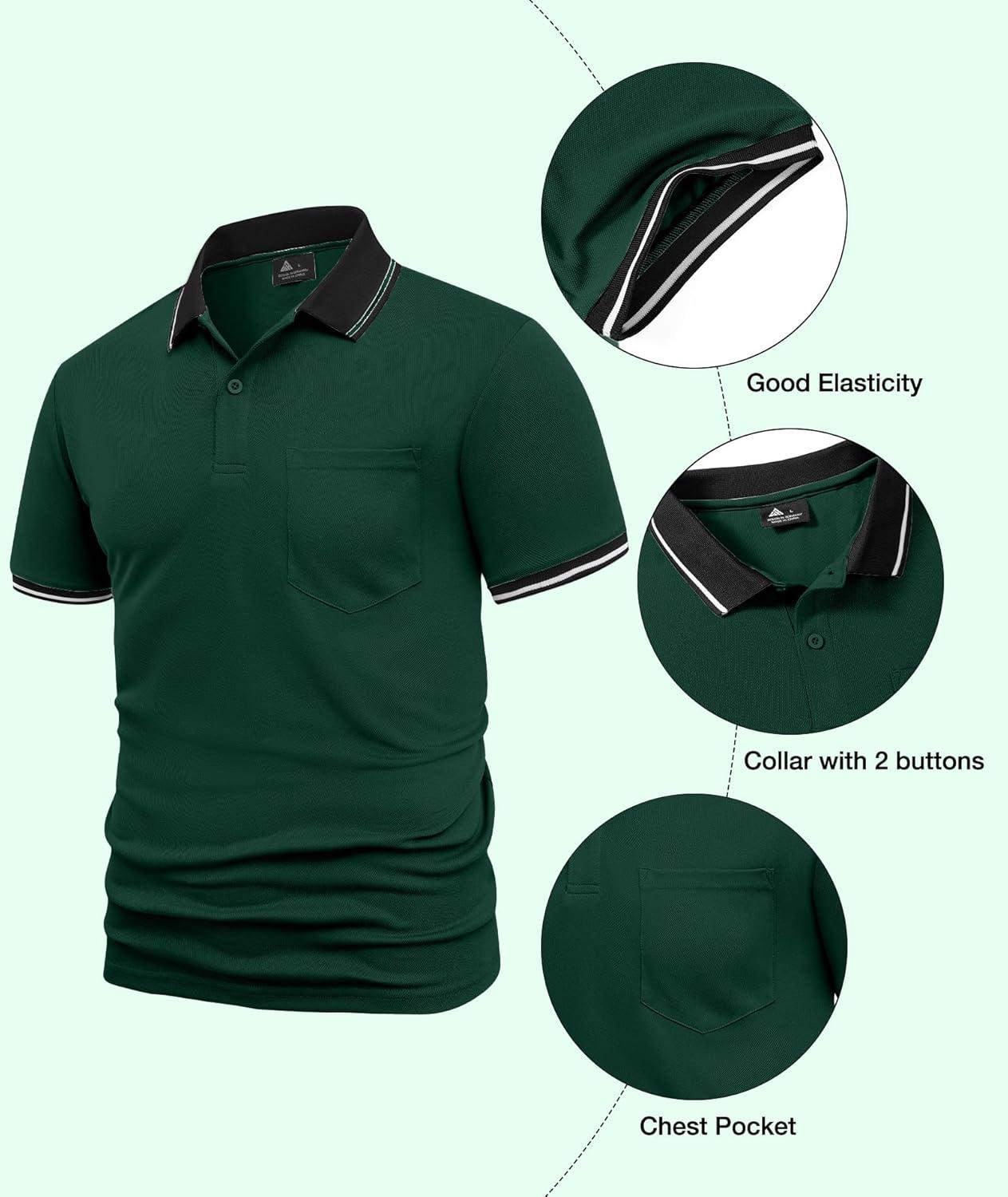 imageZITY Mens Polo Shirts Casual Short Sleeve Athletic TShirts Classic Contrast Collar Shirt with PocketForest Green