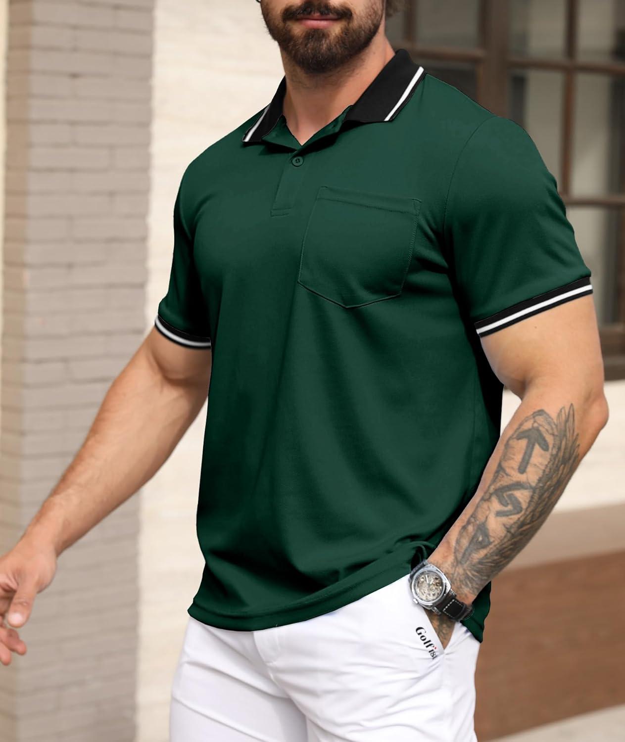imageZITY Mens Polo Shirts Casual Short Sleeve Athletic TShirts Classic Contrast Collar Shirt with PocketForest Green
