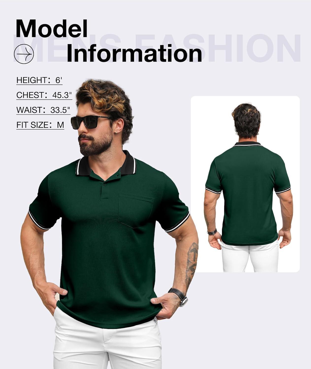 imageZITY Mens Polo Shirts Casual Short Sleeve Athletic TShirts Classic Contrast Collar Shirt with PocketForest Green