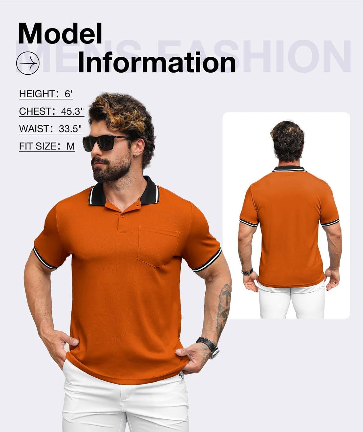 imageZITY Mens Polo Shirts Casual Short Sleeve Athletic TShirts Classic Contrast Collar Shirt with PocketOrange