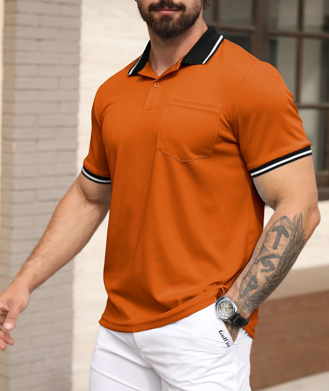 imageZITY Mens Polo Shirts Casual Short Sleeve Athletic TShirts Classic Contrast Collar Shirt with PocketOrange