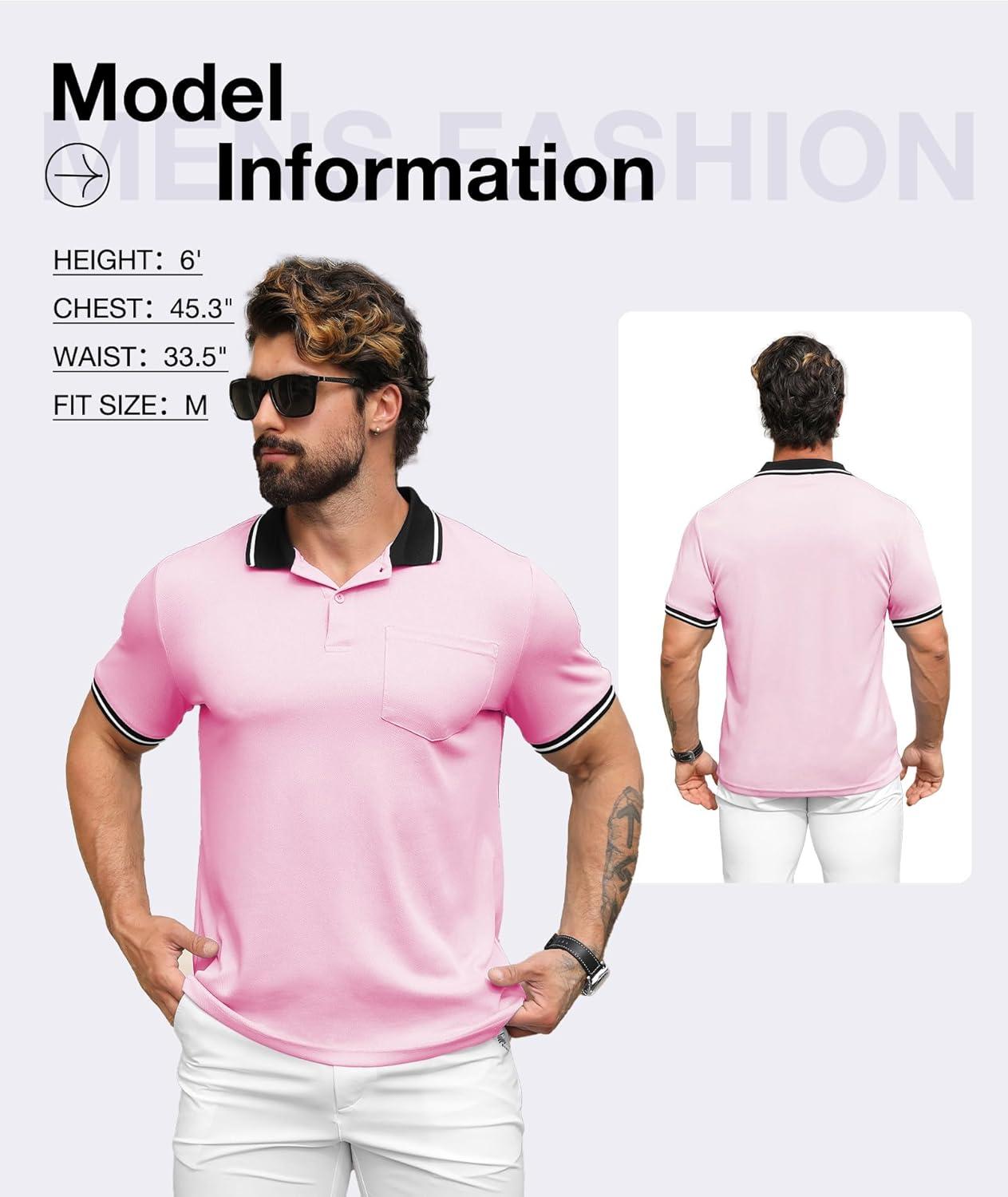 imageZITY Mens Polo Shirts Casual Short Sleeve Athletic TShirts Classic Contrast Collar Shirt with PocketPink
