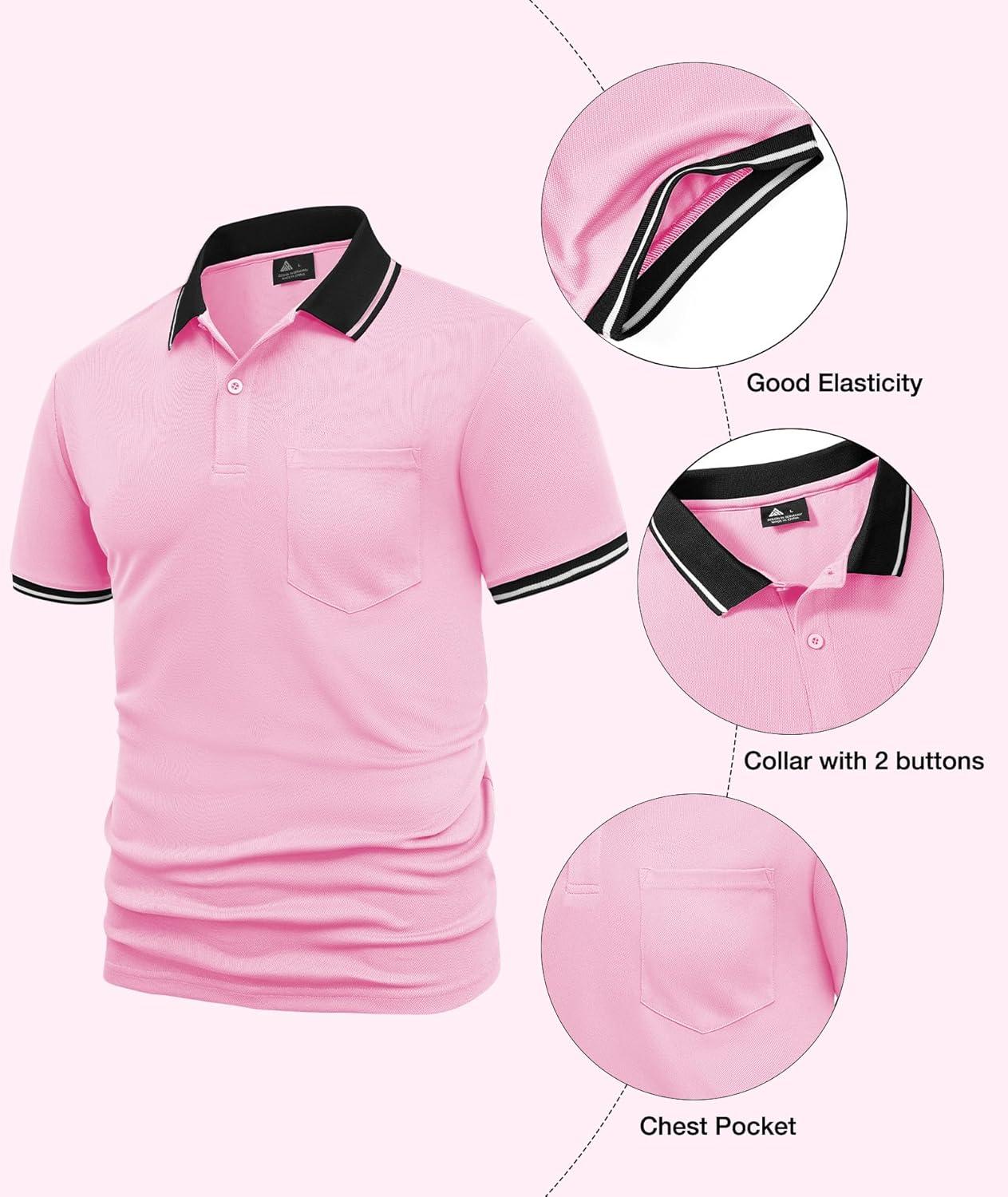 imageZITY Mens Polo Shirts Casual Short Sleeve Athletic TShirts Classic Contrast Collar Shirt with PocketPink