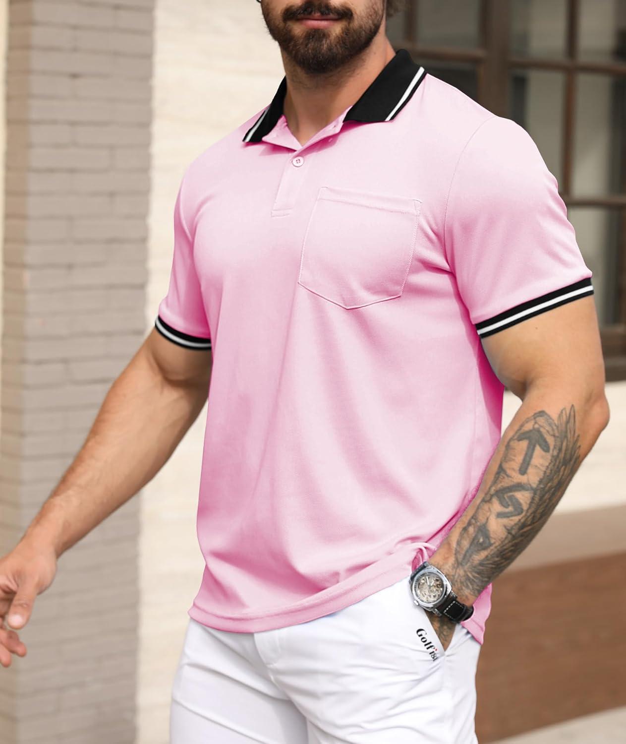 imageZITY Mens Polo Shirts Casual Short Sleeve Athletic TShirts Classic Contrast Collar Shirt with PocketPink