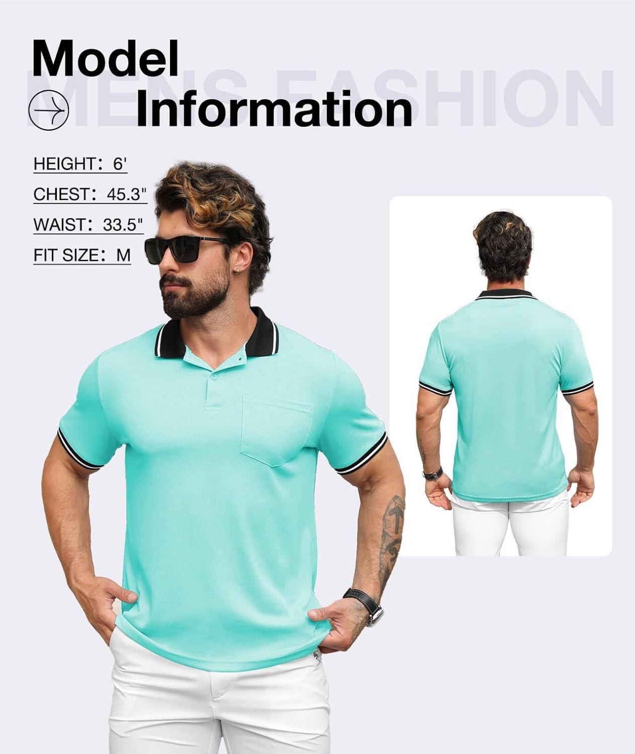 imageZITY Mens Polo Shirts Casual Short Sleeve Athletic TShirts Classic Contrast Collar Shirt with PocketTurquoise
