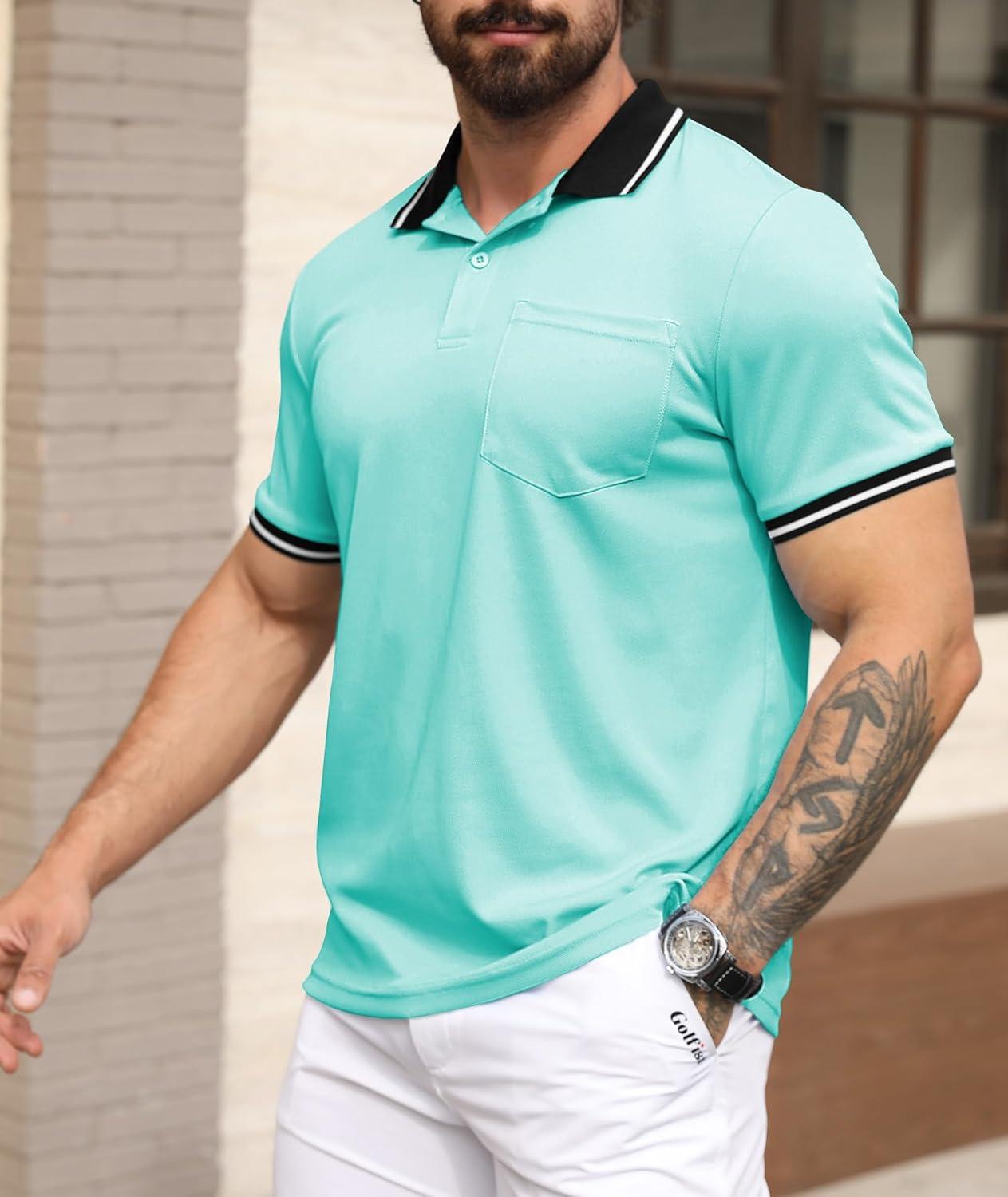 imageZITY Mens Polo Shirts Casual Short Sleeve Athletic TShirts Classic Contrast Collar Shirt with PocketTurquoise