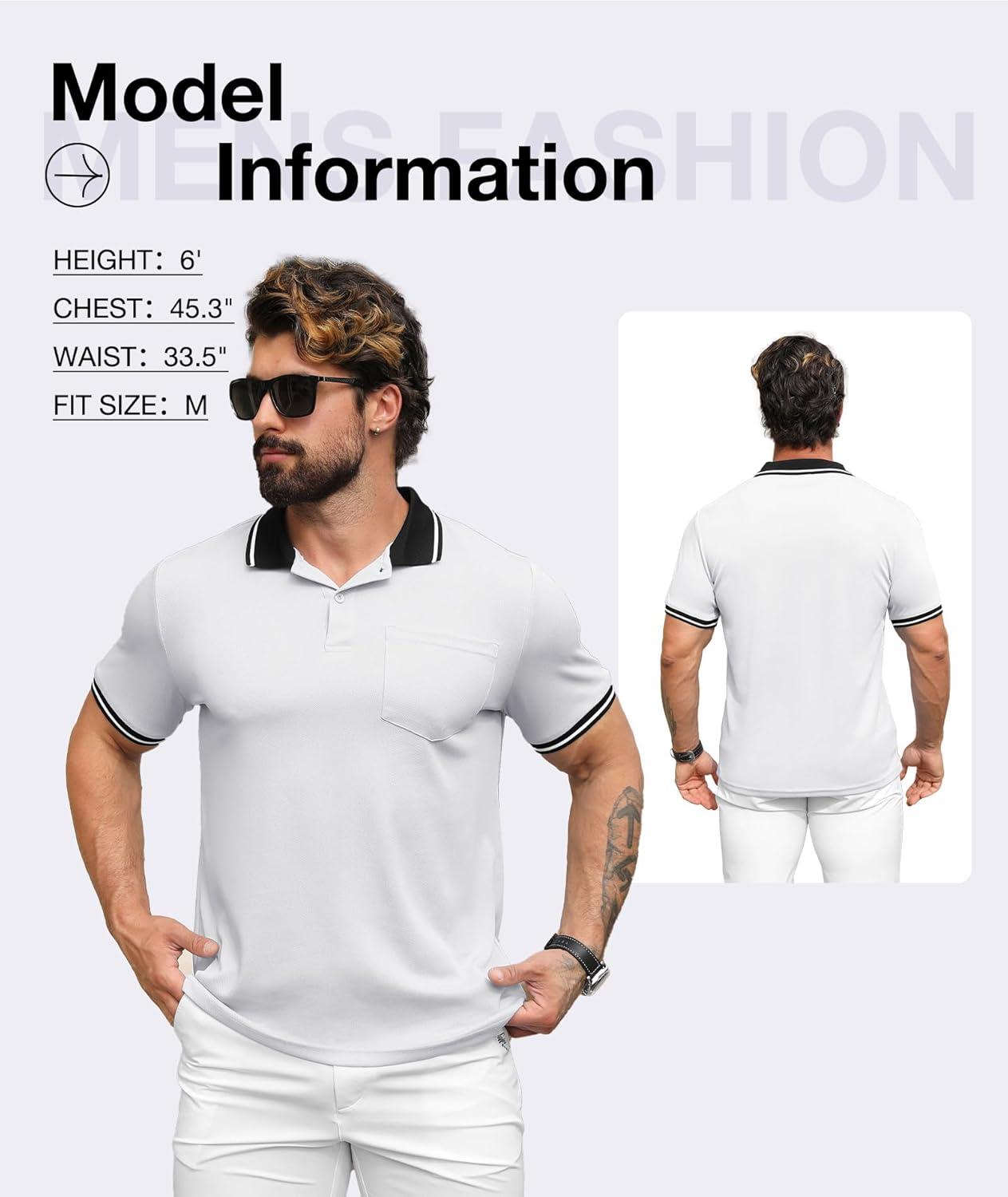 imageZITY Mens Polo Shirts Casual Short Sleeve Athletic TShirts Classic Contrast Collar Shirt with PocketWhite