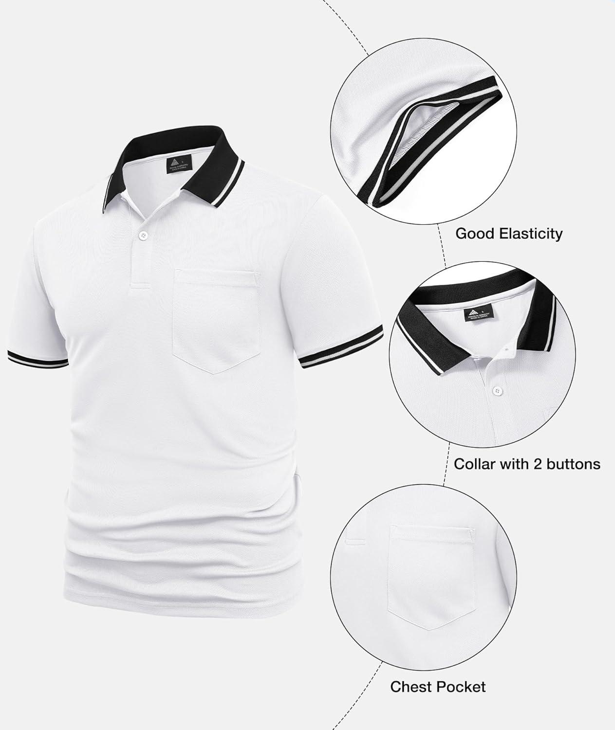 imageZITY Mens Polo Shirts Casual Short Sleeve Athletic TShirts Classic Contrast Collar Shirt with PocketWhite