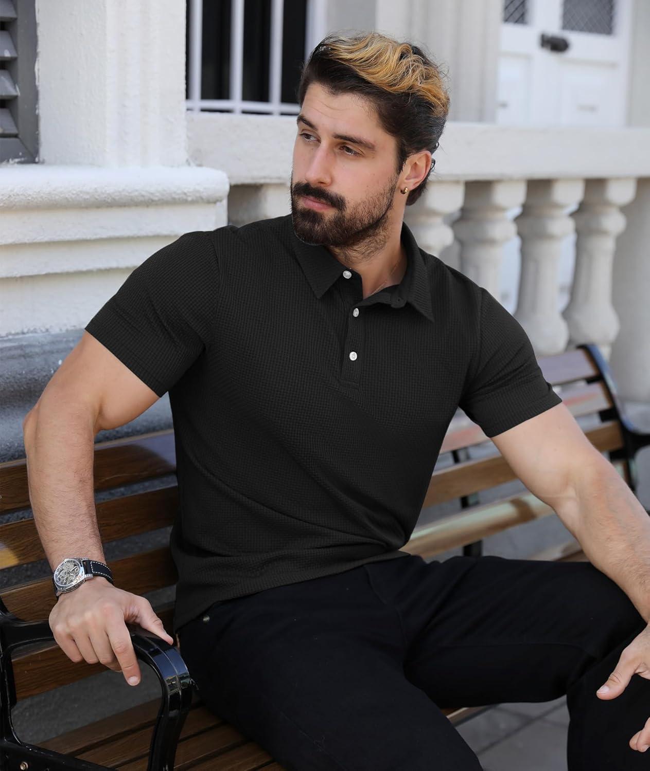 imageZITY Mens Polo Shirts Short Sleeve Athletic Golf Polos Moisture Wicking Casual Polo Shirts for Men Jacquard Collared T ShirtsBlack