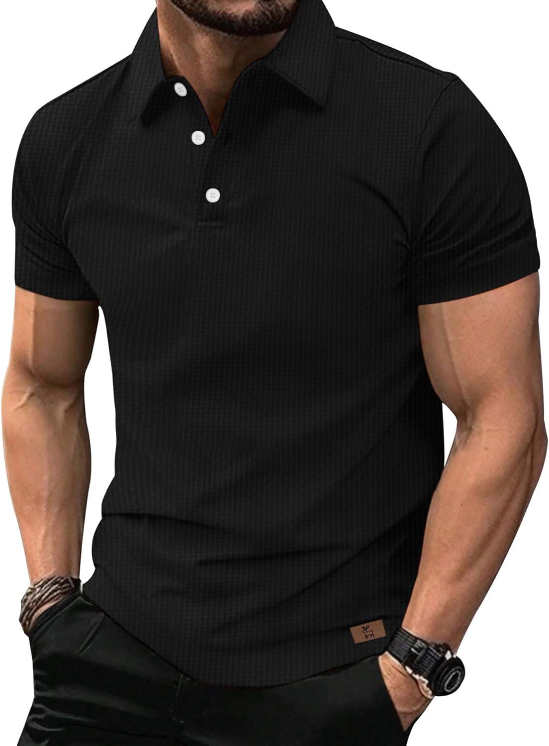 imageZITY Mens Polo Shirts Short Sleeve Athletic Golf Polos Moisture Wicking Casual Polo Shirts for Men Jacquard Collared T ShirtsBlack