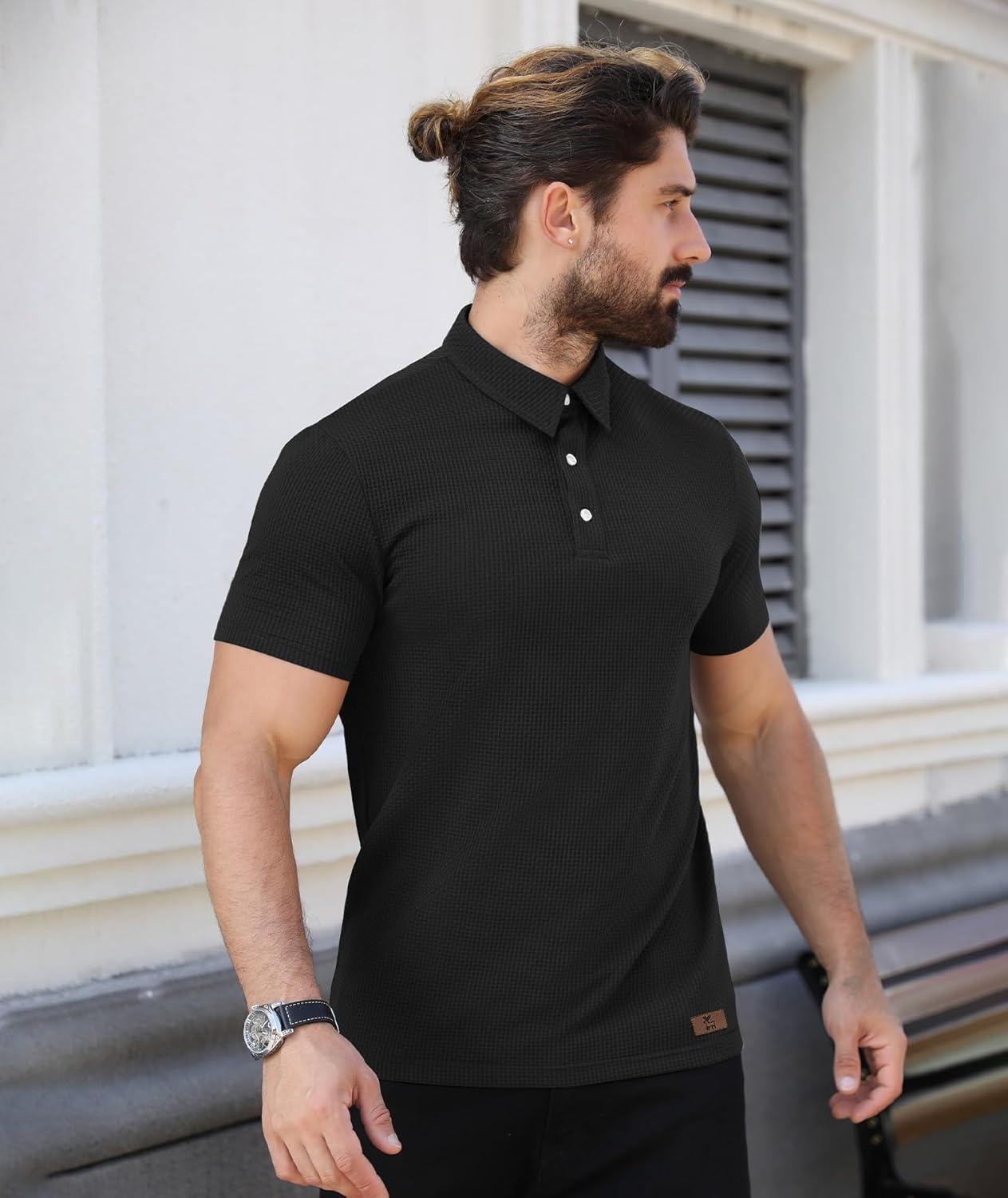 imageZITY Mens Polo Shirts Short Sleeve Athletic Golf Polos Moisture Wicking Casual Polo Shirts for Men Jacquard Collared T ShirtsBlack