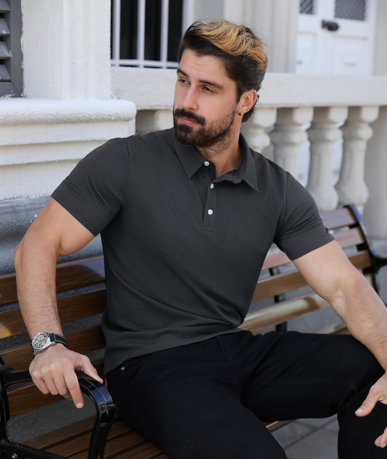 imageZITY Mens Polo Shirts Short Sleeve Athletic Golf Polos Moisture Wicking Casual Polo Shirts for Men Jacquard Collared T ShirtsDeep Grey