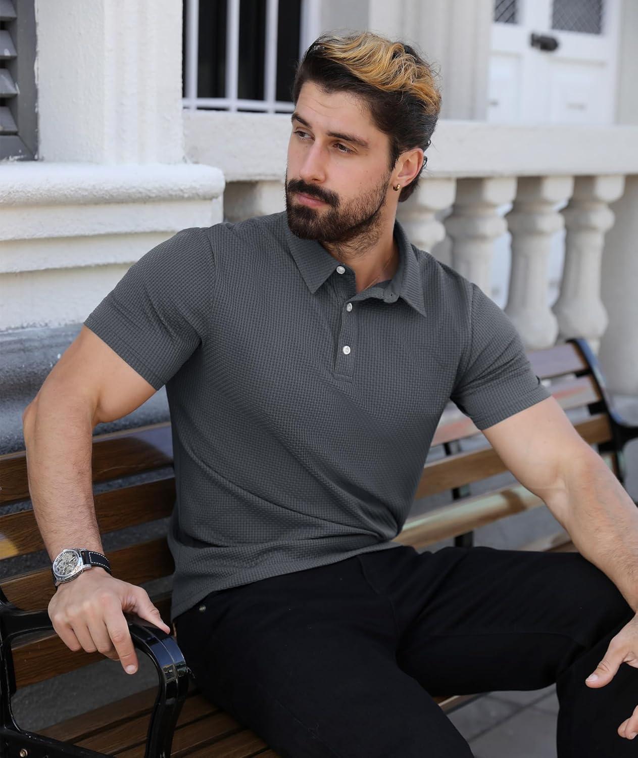 imageZITY Mens Polo Shirts Short Sleeve Athletic Golf Polos Moisture Wicking Casual Polo Shirts for Men Jacquard Collared T ShirtsGrey