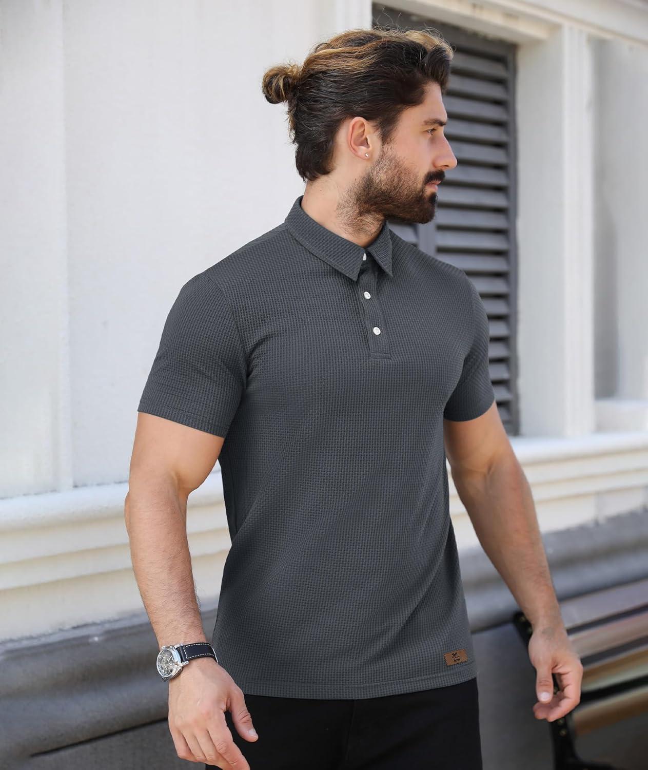 imageZITY Mens Polo Shirts Short Sleeve Athletic Golf Polos Moisture Wicking Casual Polo Shirts for Men Jacquard Collared T ShirtsGrey