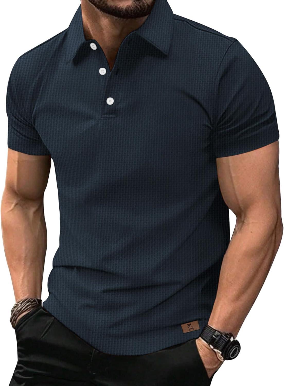 imageZITY Mens Polo Shirts Short Sleeve Athletic Golf Polos Moisture Wicking Casual Polo Shirts for Men Jacquard Collared T ShirtsNavy
