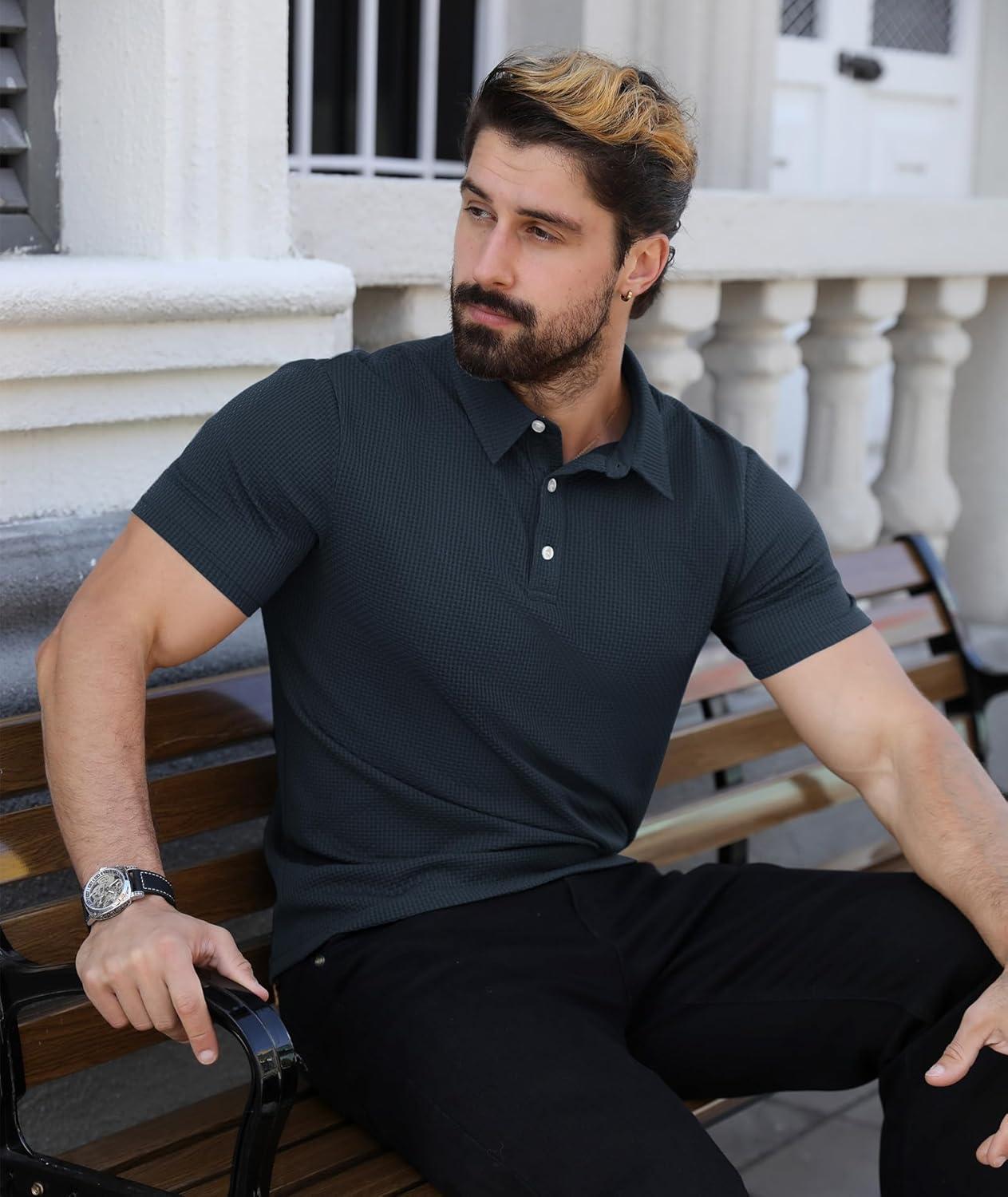 imageZITY Mens Polo Shirts Short Sleeve Athletic Golf Polos Moisture Wicking Casual Polo Shirts for Men Jacquard Collared T ShirtsNavy
