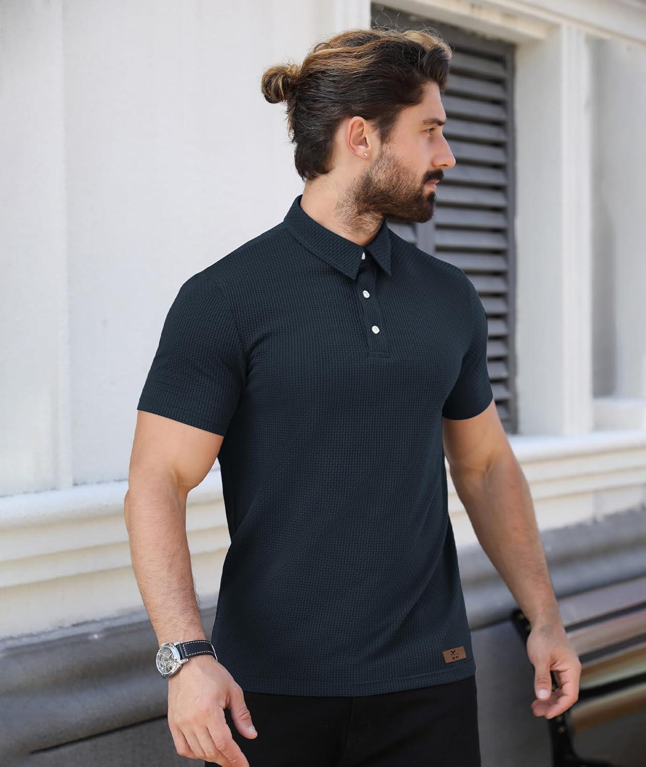 imageZITY Mens Polo Shirts Short Sleeve Athletic Golf Polos Moisture Wicking Casual Polo Shirts for Men Jacquard Collared T ShirtsNavy