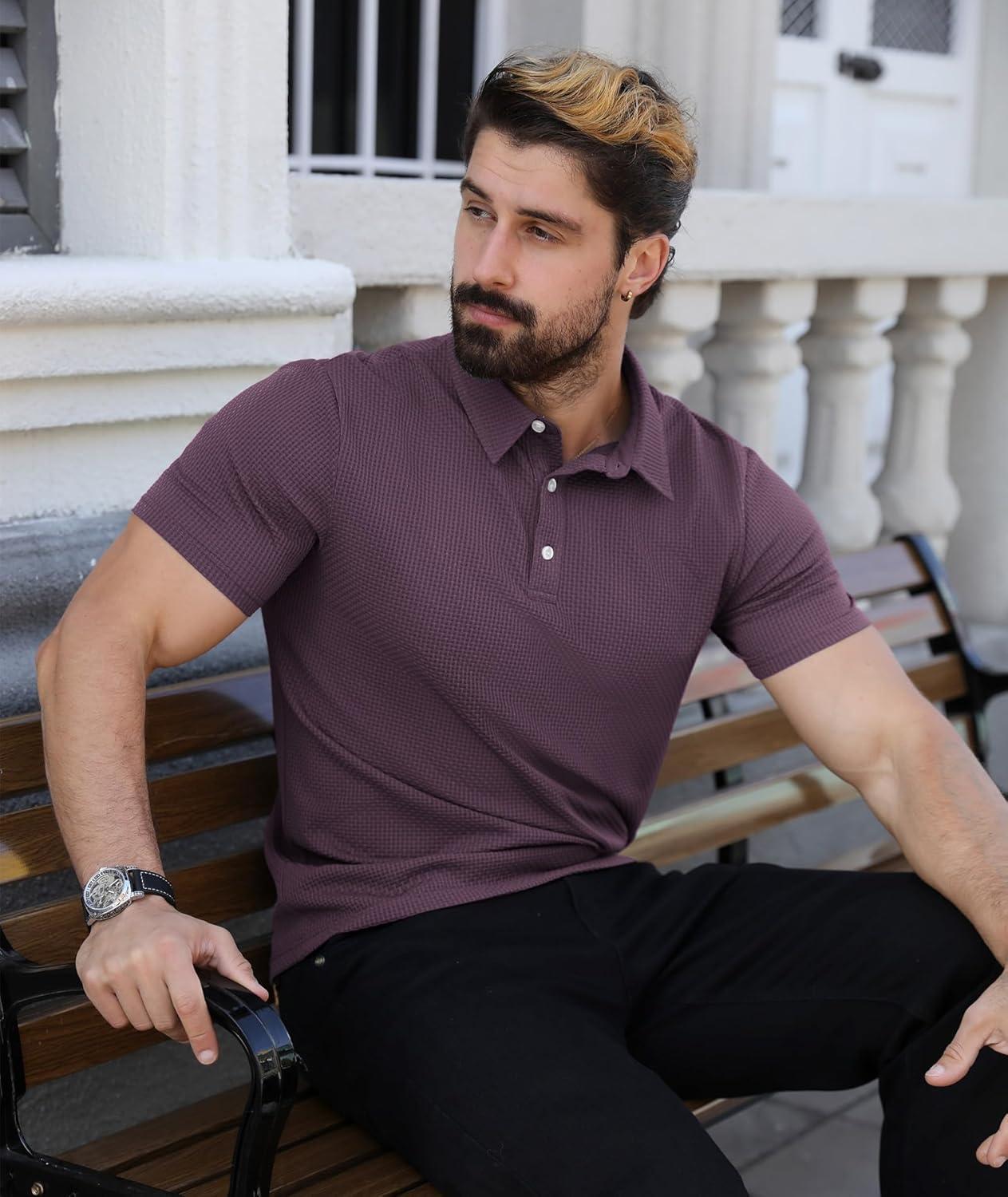 imageZITY Mens Polo Shirts Short Sleeve Athletic Golf Polos Moisture Wicking Casual Polo Shirts for Men Jacquard Collared T ShirtsPurple