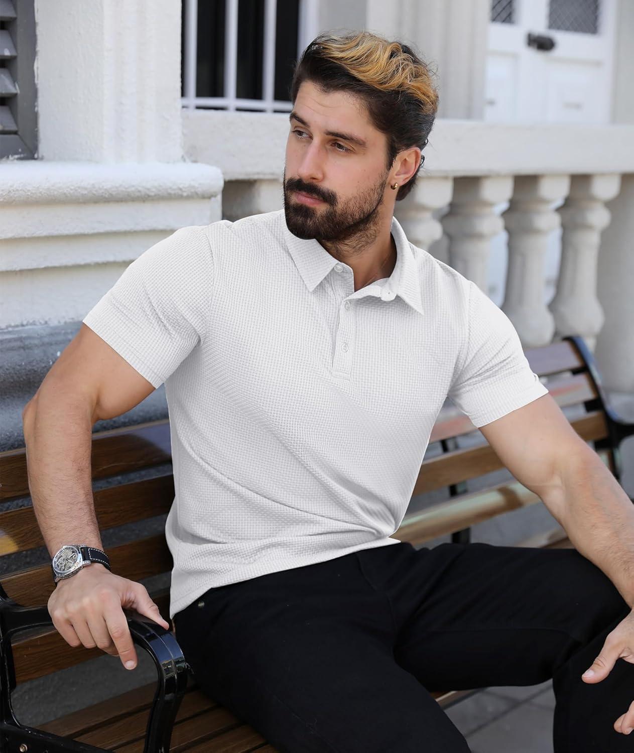 imageZITY Mens Polo Shirts Short Sleeve Athletic Golf Polos Moisture Wicking Casual Polo Shirts for Men Jacquard Collared T ShirtsWhite