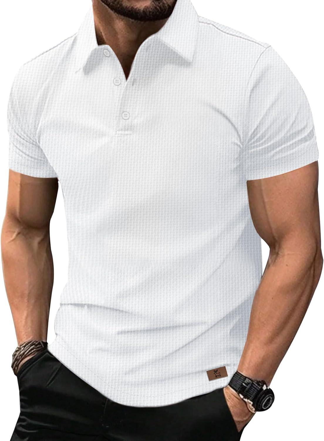 imageZITY Mens Polo Shirts Short Sleeve Athletic Golf Polos Moisture Wicking Casual Polo Shirts for Men Jacquard Collared T ShirtsWhite