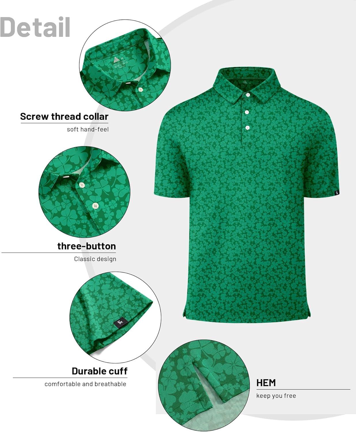 imageZITY Mens Print Polo Shirts Short Sleeve Moisture Wicking Shirts for Men Golf Tennis Daily Casual Collared TShirtA Light Green Clover