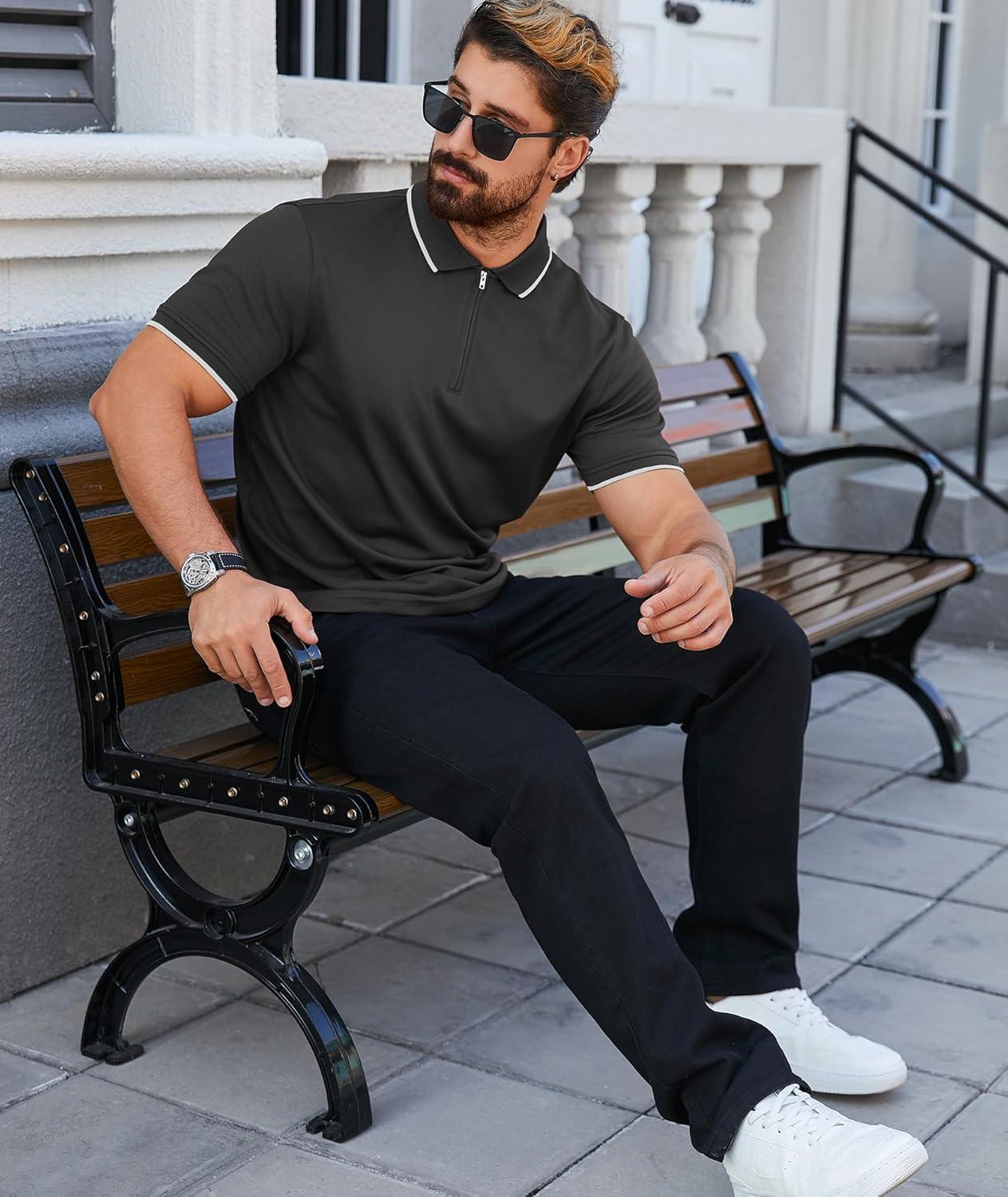 imageZITY Mens Quarter Zip Polo Shirts Casual Classic Short Sleeve Contrast Collar Polo T ShirtsDark Grey
