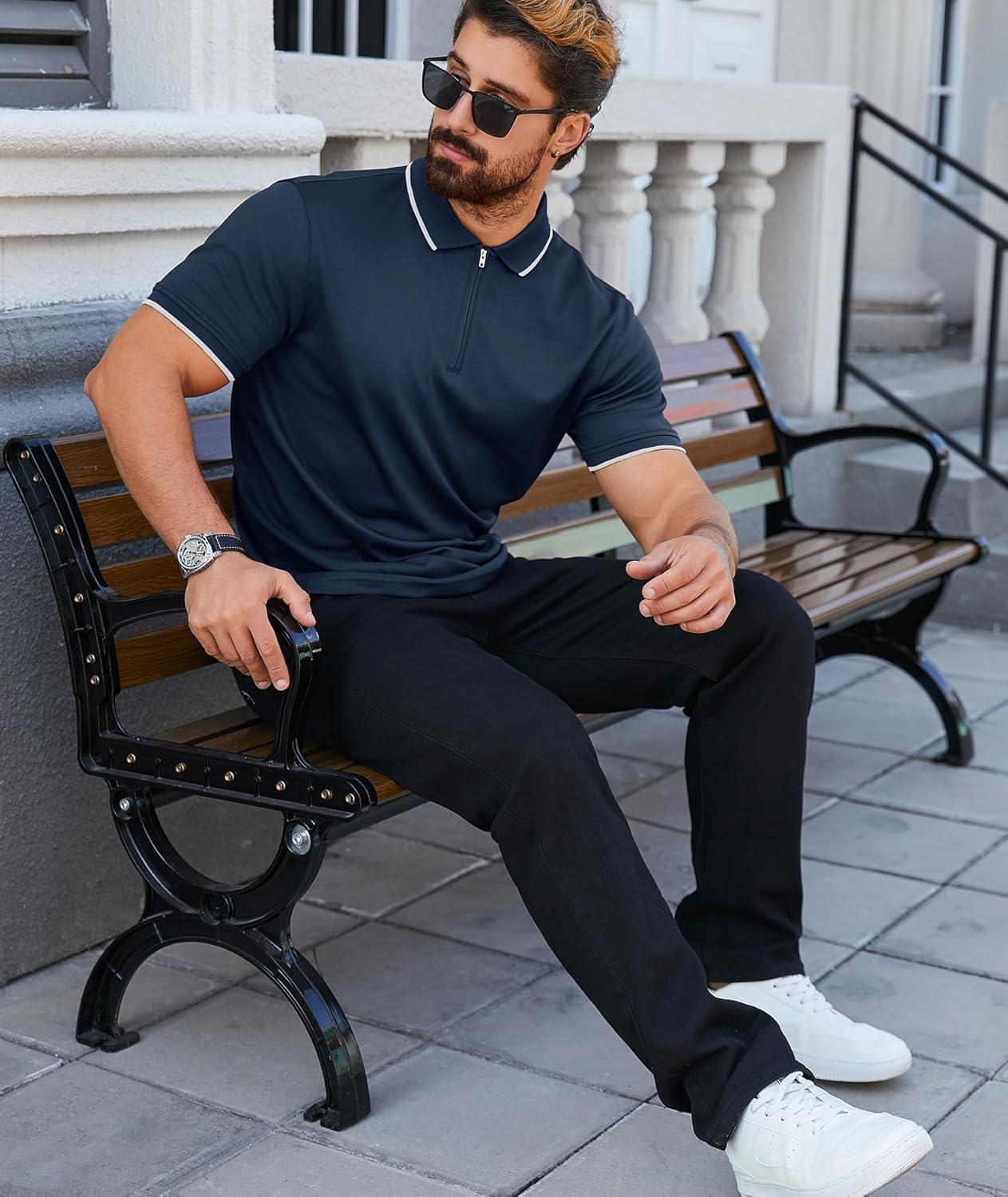 imageZITY Mens Quarter Zip Polo Shirts Casual Classic Short Sleeve Contrast Collar Polo T ShirtsNavy
