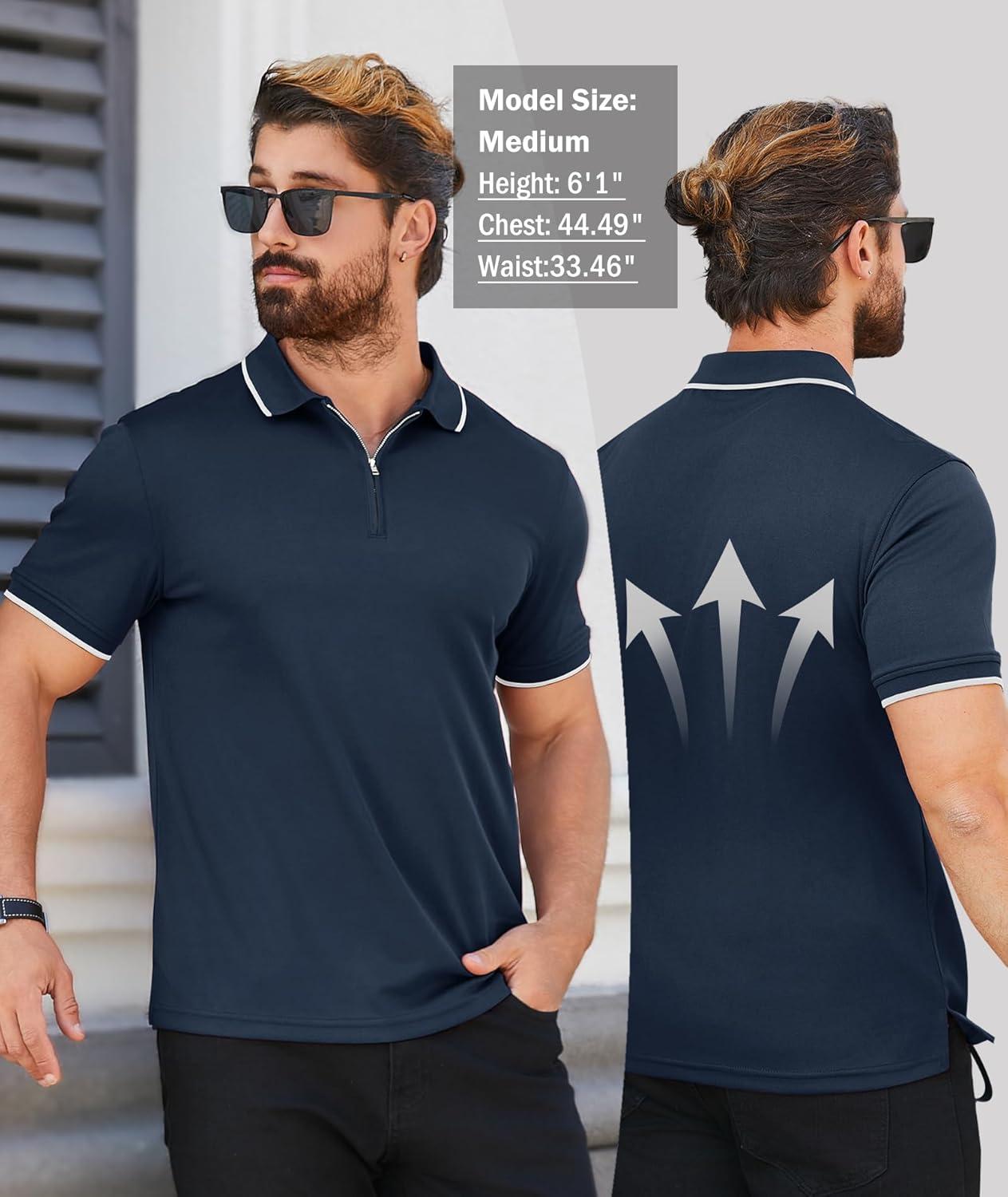 imageZITY Mens Quarter Zip Polo Shirts Casual Classic Short Sleeve Contrast Collar Polo T ShirtsNavy