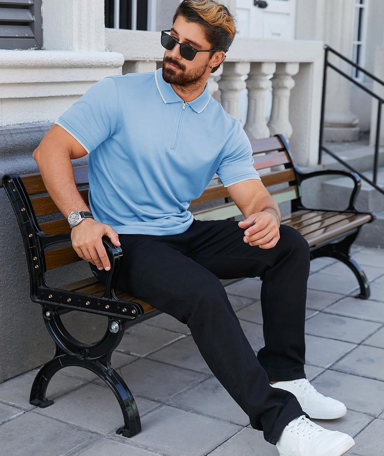 imageZITY Mens Quarter Zip Polo Shirts Casual Classic Short Sleeve Contrast Collar Polo T ShirtsSky Blue