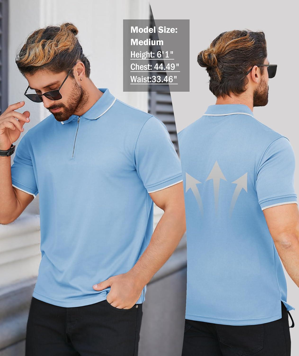 imageZITY Mens Quarter Zip Polo Shirts Casual Classic Short Sleeve Contrast Collar Polo T ShirtsSky Blue