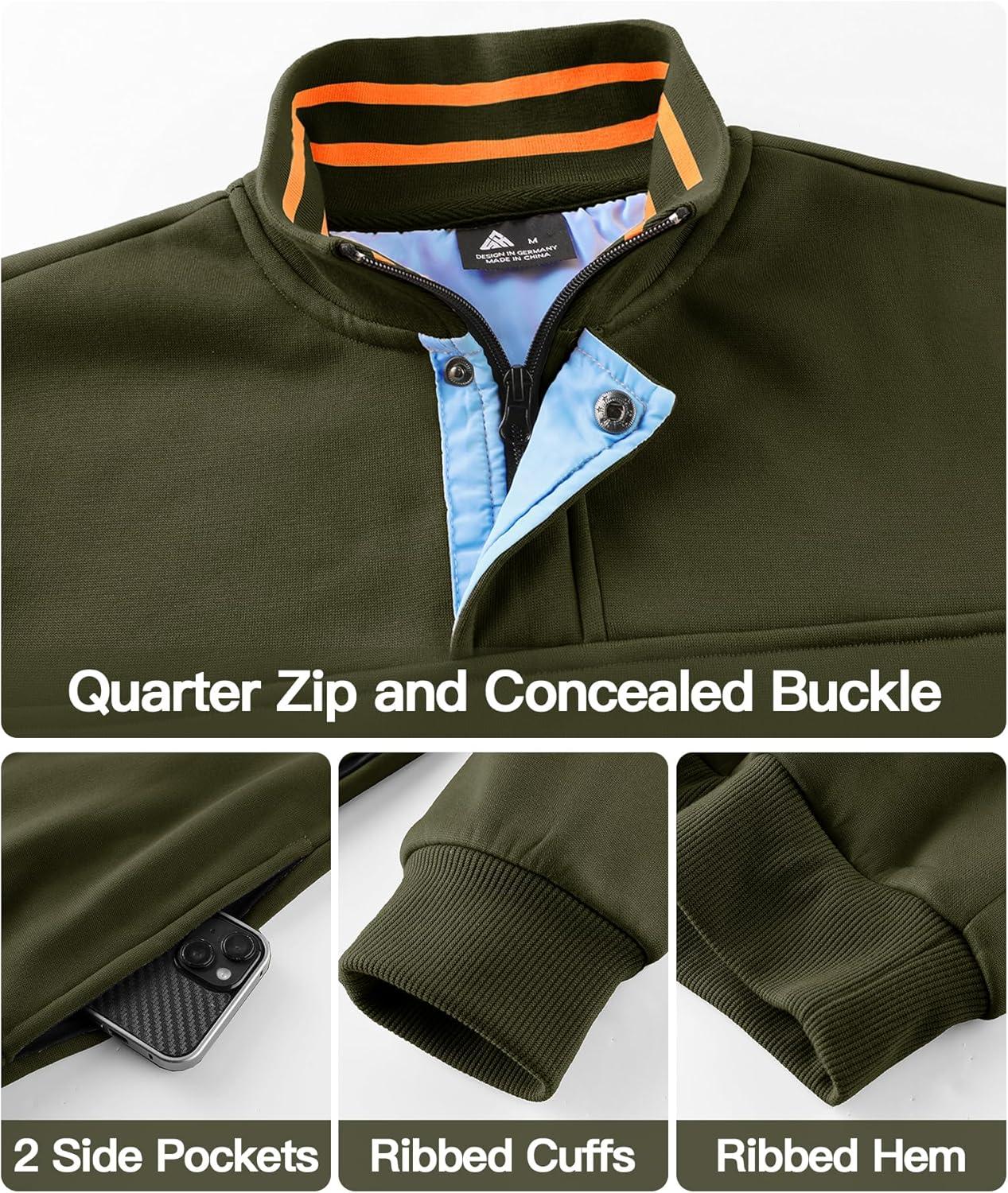 imageZITY Mens Quarter Zip Pullover Fleece Lined Long Sleeve Casual Sweatshirts with Side PocketsArmy Green