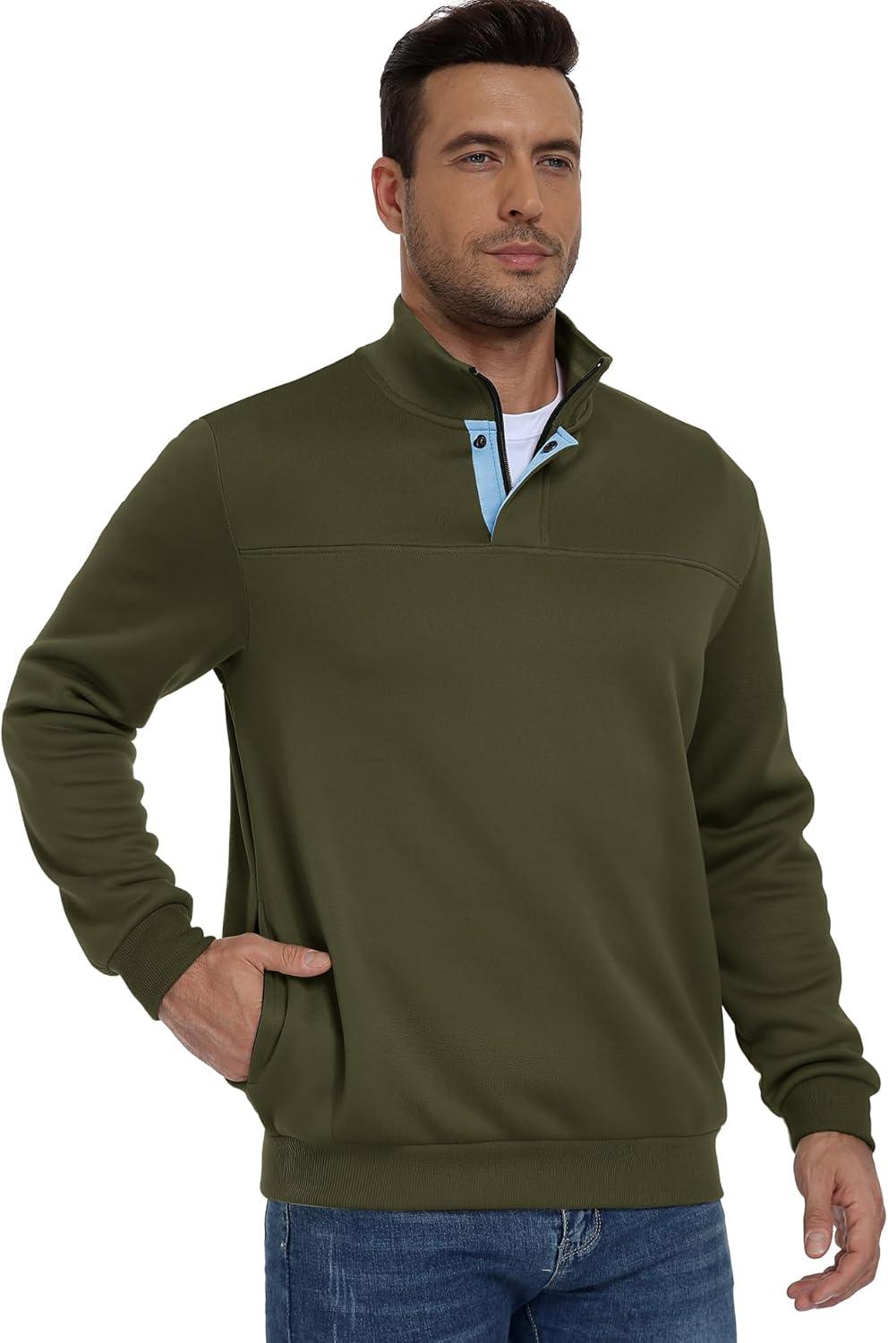 imageZITY Mens Quarter Zip Pullover Fleece Lined Long Sleeve Casual Sweatshirts with Side PocketsArmy Green