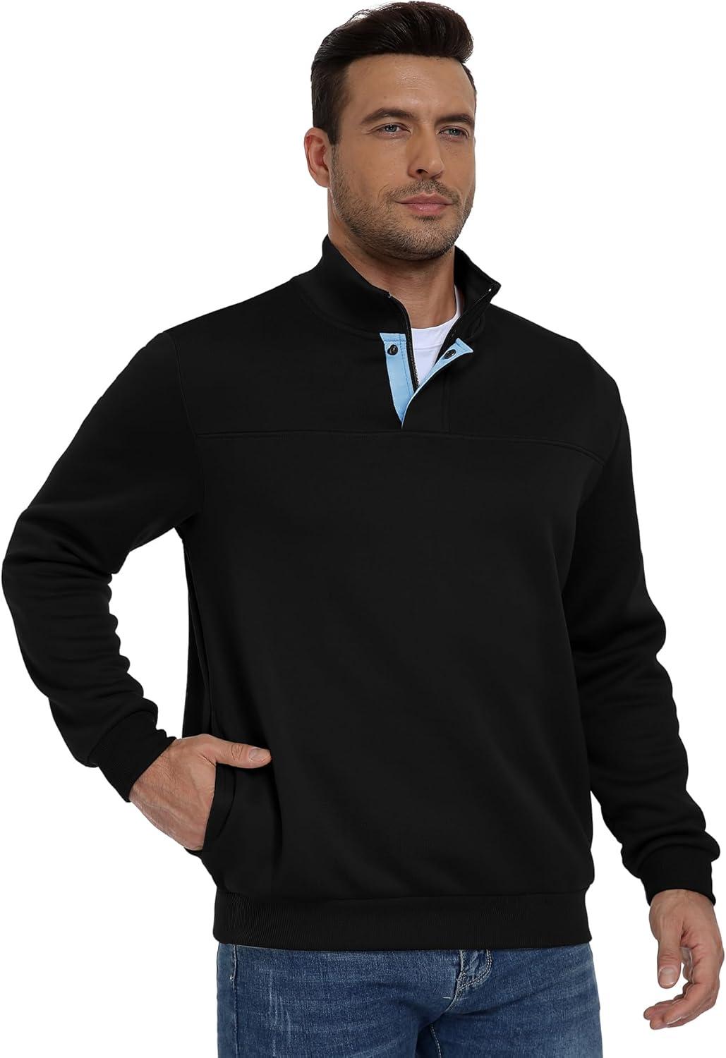 imageZITY Mens Quarter Zip Pullover Fleece Lined Long Sleeve Casual Sweatshirts with Side PocketsBlack