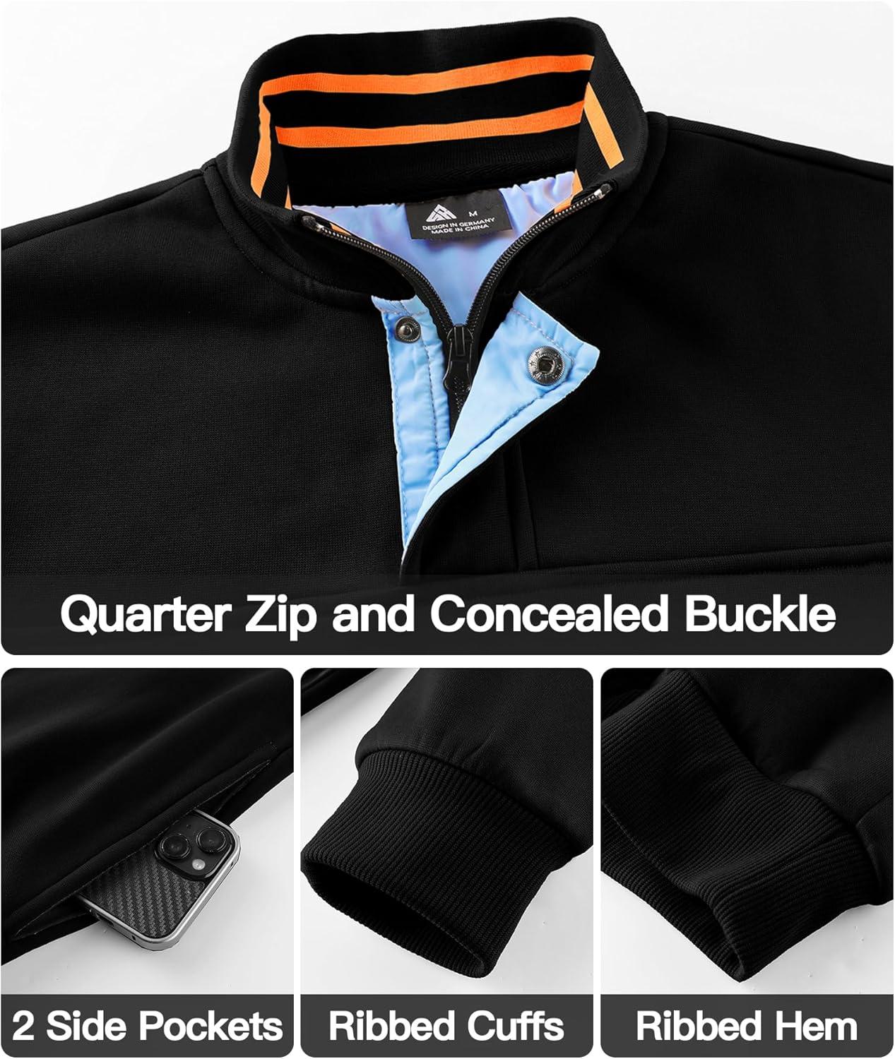 imageZITY Mens Quarter Zip Pullover Fleece Lined Long Sleeve Casual Sweatshirts with Side PocketsBlack