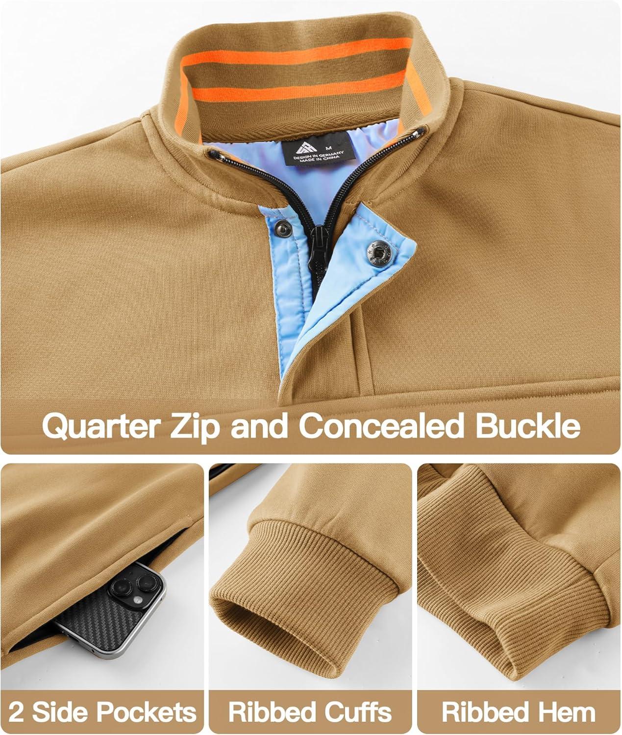 imageZITY Mens Quarter Zip Pullover Fleece Lined Long Sleeve Casual Sweatshirts with Side PocketsKhaki