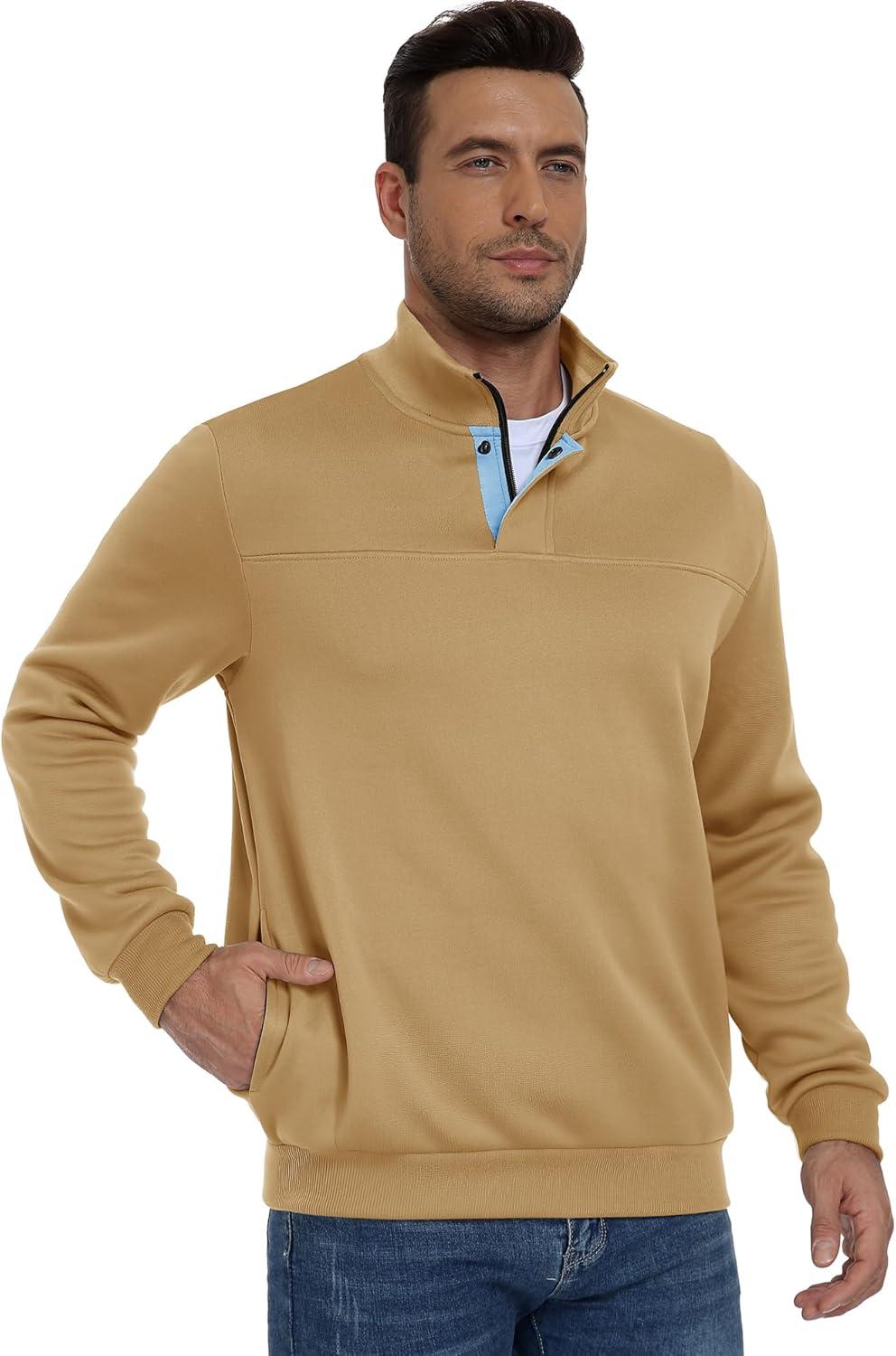 imageZITY Mens Quarter Zip Pullover Fleece Lined Long Sleeve Casual Sweatshirts with Side PocketsKhaki