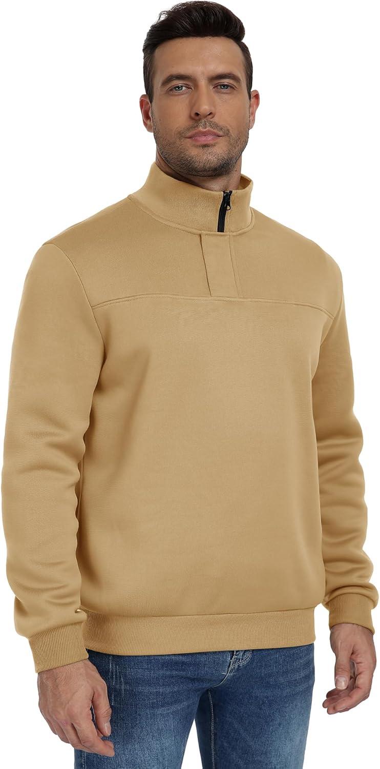 imageZITY Mens Quarter Zip Pullover Fleece Lined Long Sleeve Casual Sweatshirts with Side PocketsKhaki