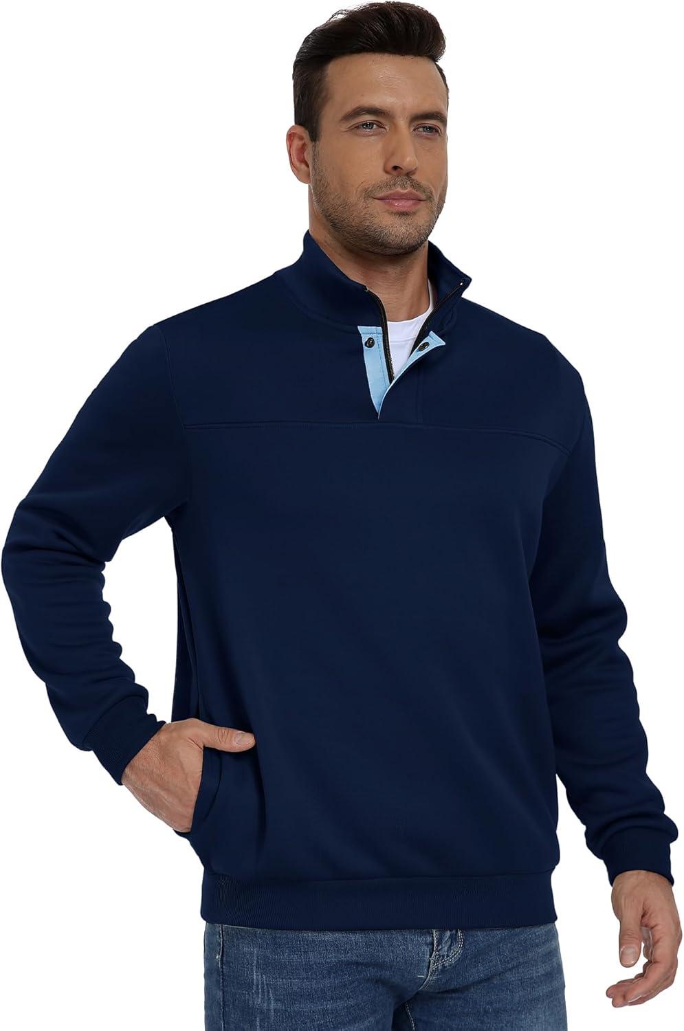 imageZITY Mens Quarter Zip Pullover Fleece Lined Long Sleeve Casual Sweatshirts with Side PocketsNavy