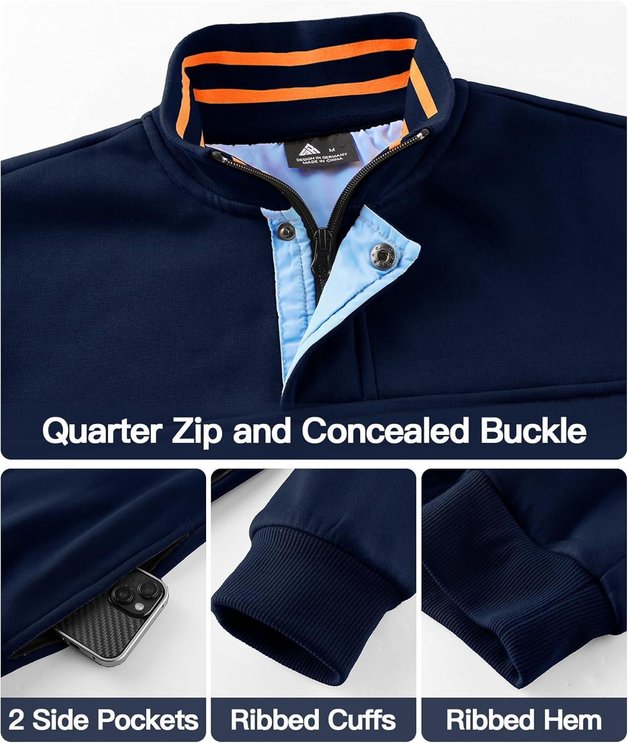 imageZITY Mens Quarter Zip Pullover Fleece Lined Long Sleeve Casual Sweatshirts with Side PocketsNavy