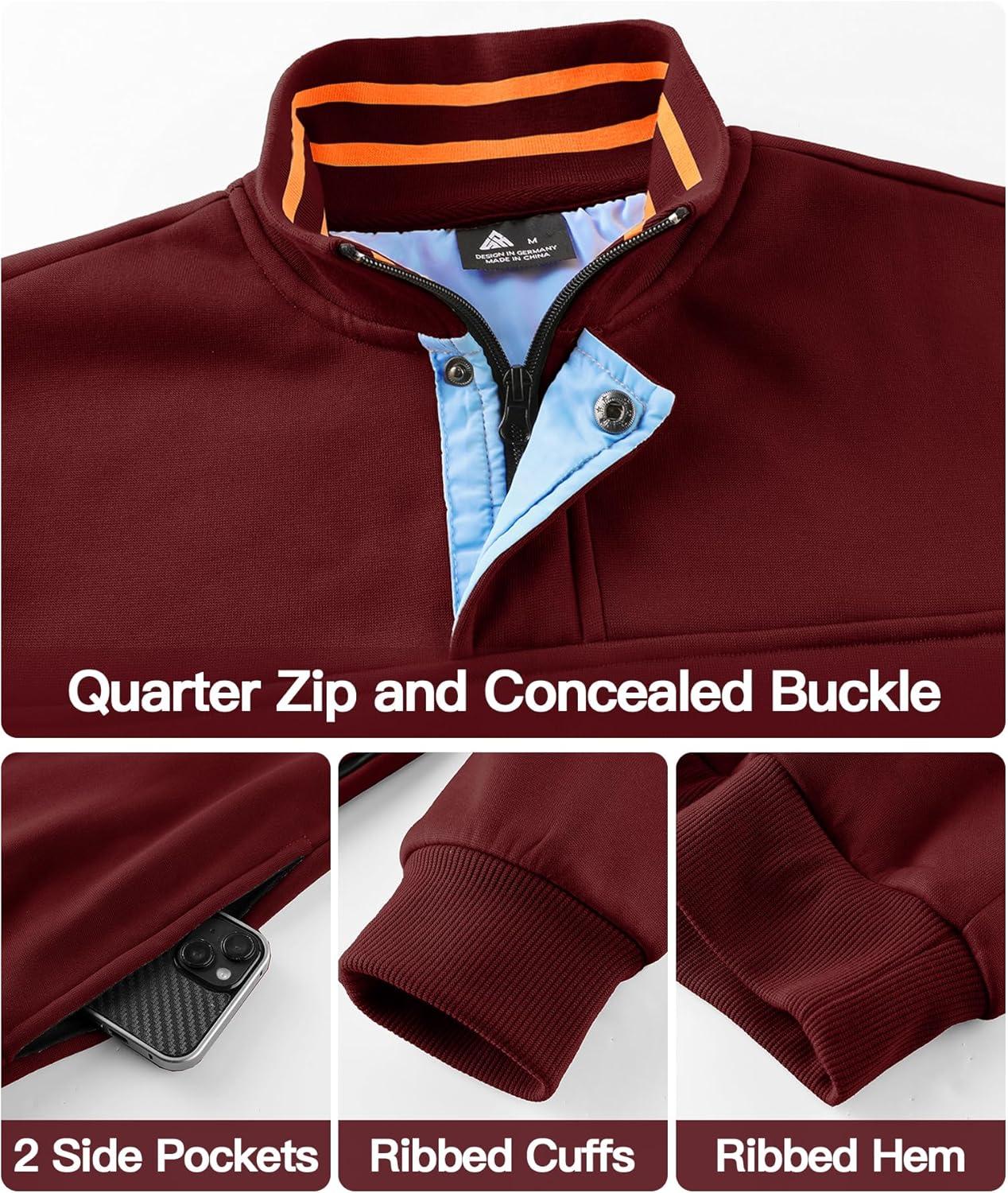 imageZITY Mens Quarter Zip Pullover Fleece Lined Long Sleeve Casual Sweatshirts with Side PocketsWine Red