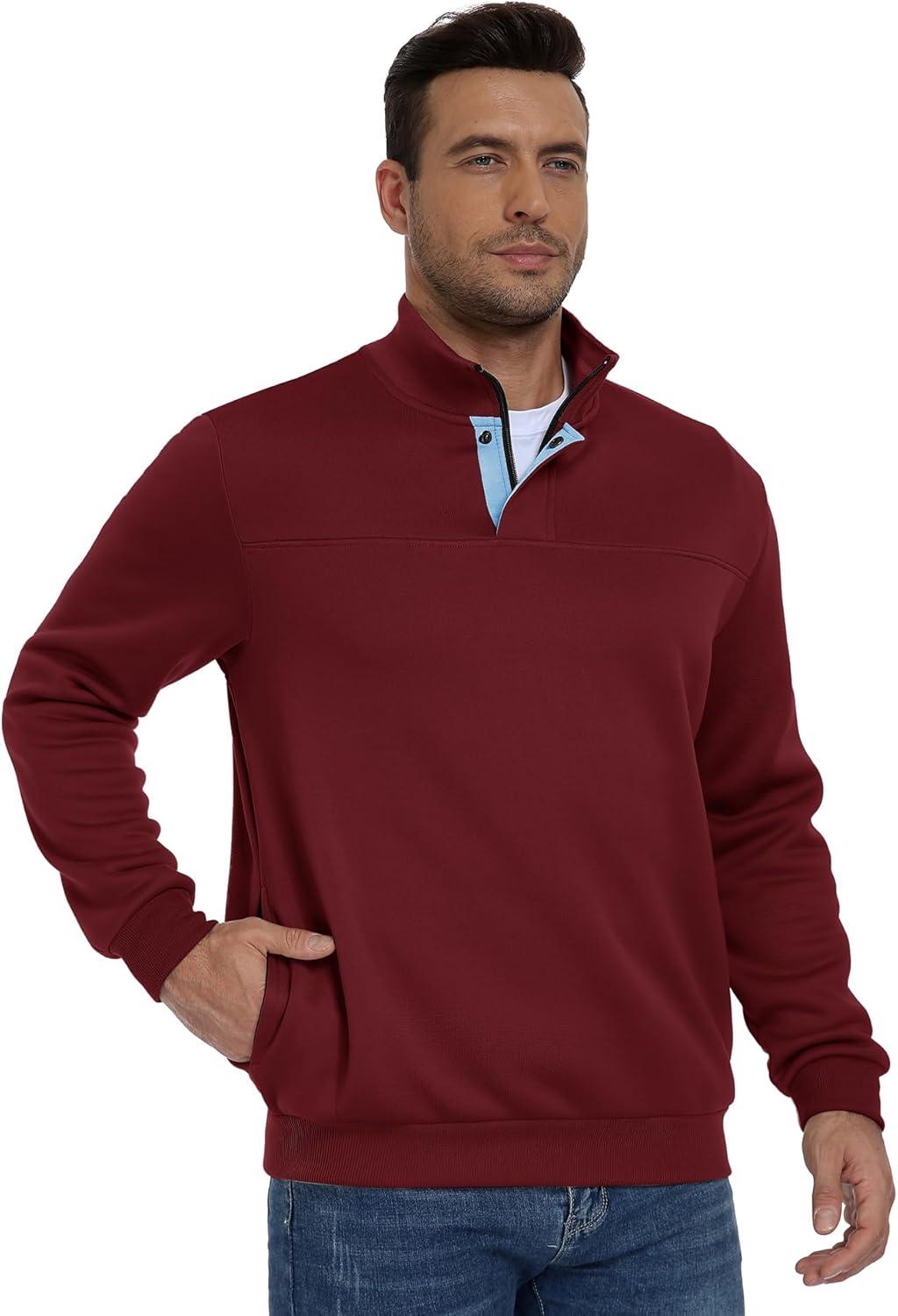 imageZITY Mens Quarter Zip Pullover Fleece Lined Long Sleeve Casual Sweatshirts with Side PocketsWine Red