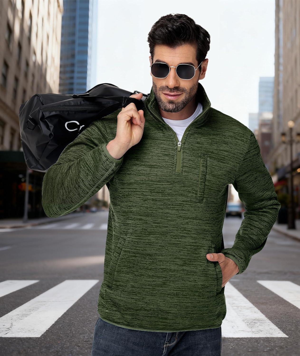 imageZITY Mens Quarter Zip Pullover Mock Neck Fleece Lined Thermal Sweatshirt with Pocket Polo SweatersArmy Green