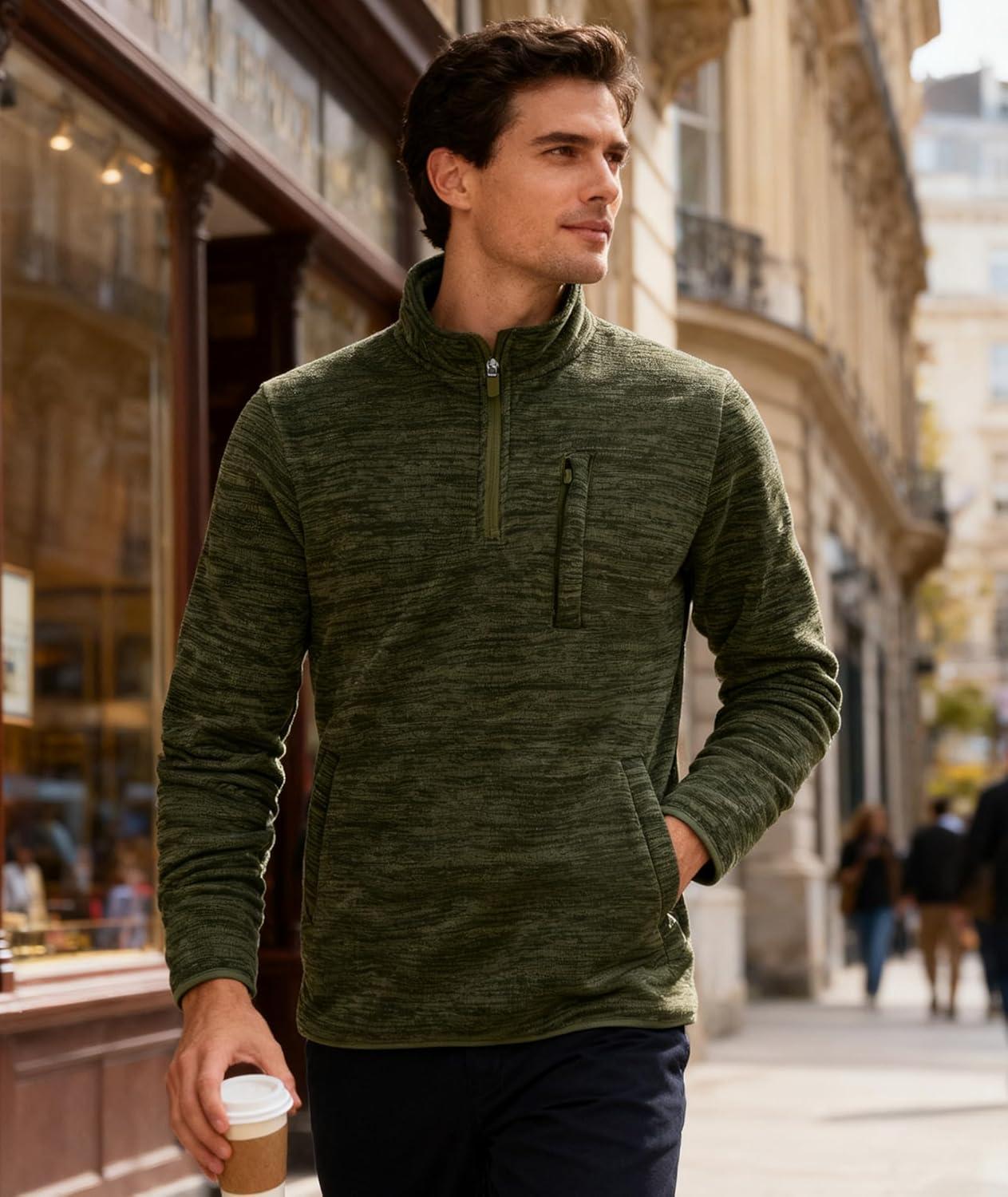 imageZITY Mens Quarter Zip Pullover Mock Neck Fleece Lined Thermal Sweatshirt with Pocket Polo SweatersArmy Green