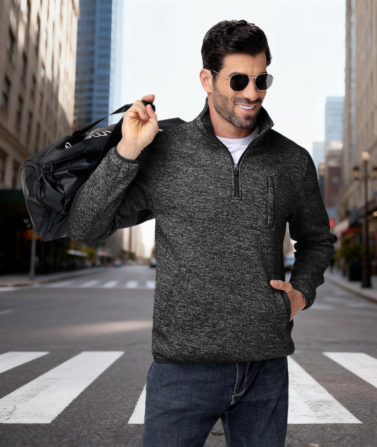 imageZITY Mens Quarter Zip Pullover Mock Neck Fleece Lined Thermal Sweatshirt with Pocket Polo SweatersBlack