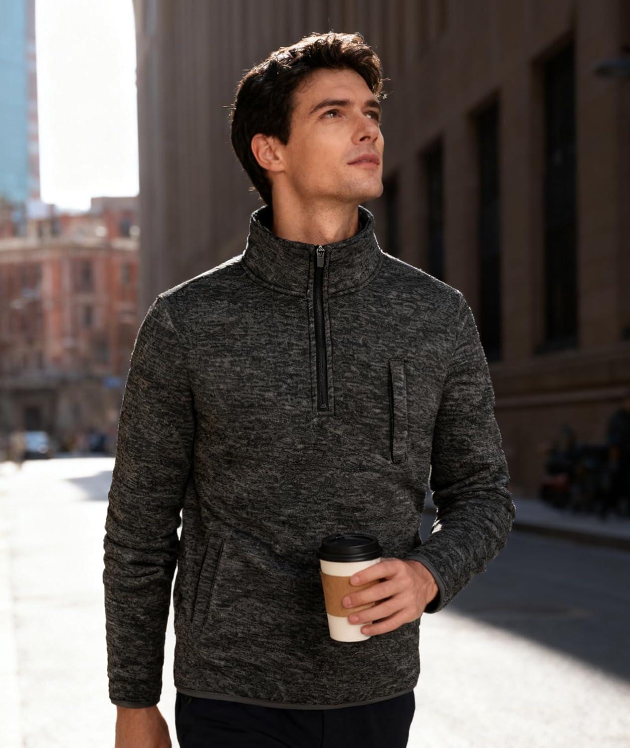 imageZITY Mens Quarter Zip Pullover Mock Neck Fleece Lined Thermal Sweatshirt with Pocket Polo SweatersBlack