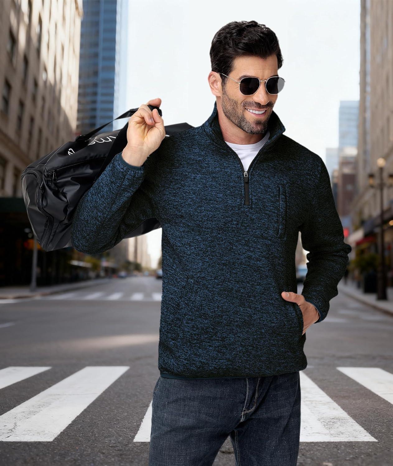 imageZITY Mens Quarter Zip Pullover Mock Neck Fleece Lined Thermal Sweatshirt with Pocket Polo SweatersDark Blue