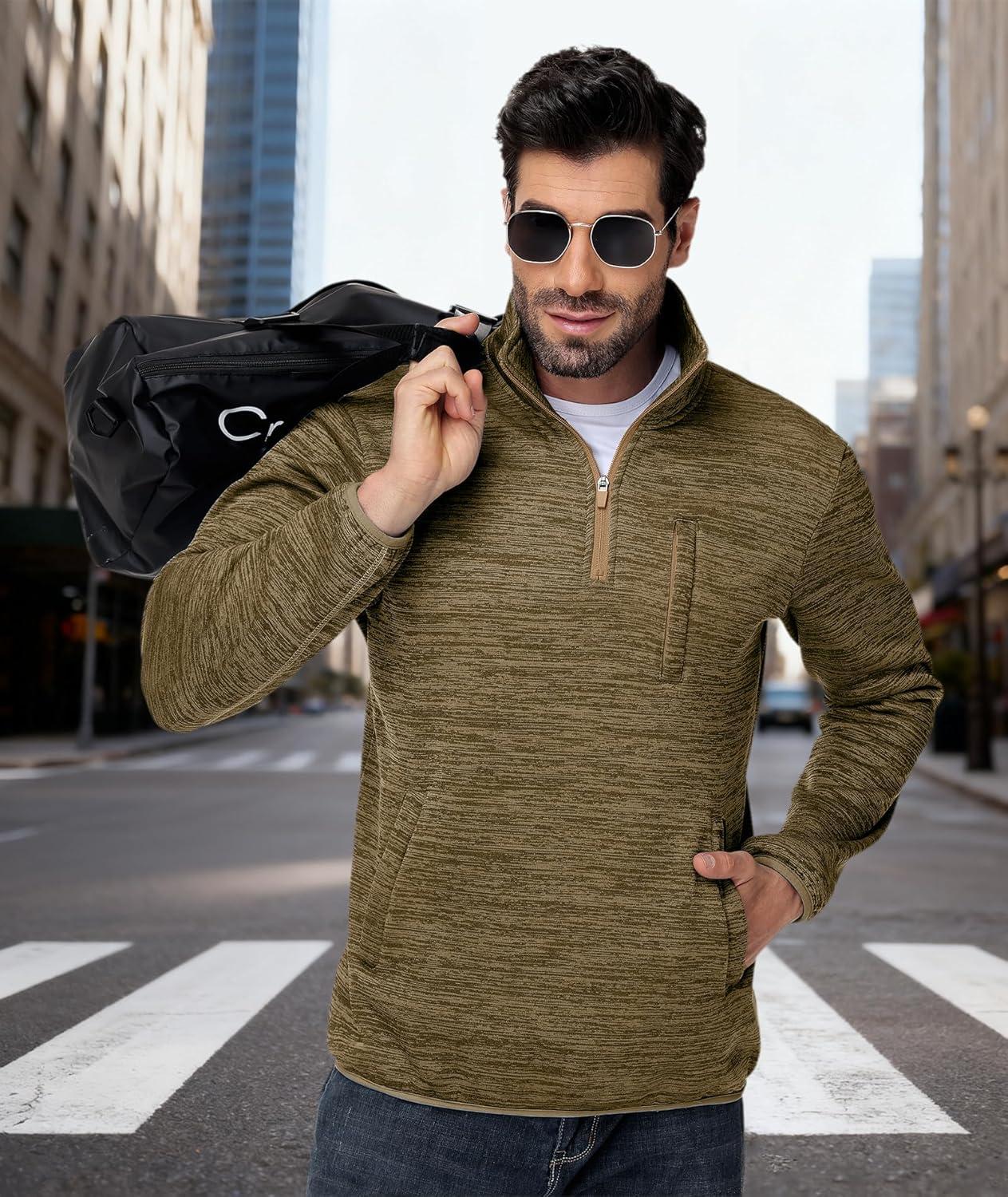 imageZITY Mens Quarter Zip Pullover Mock Neck Fleece Lined Thermal Sweatshirt with Pocket Polo SweatersKhaki