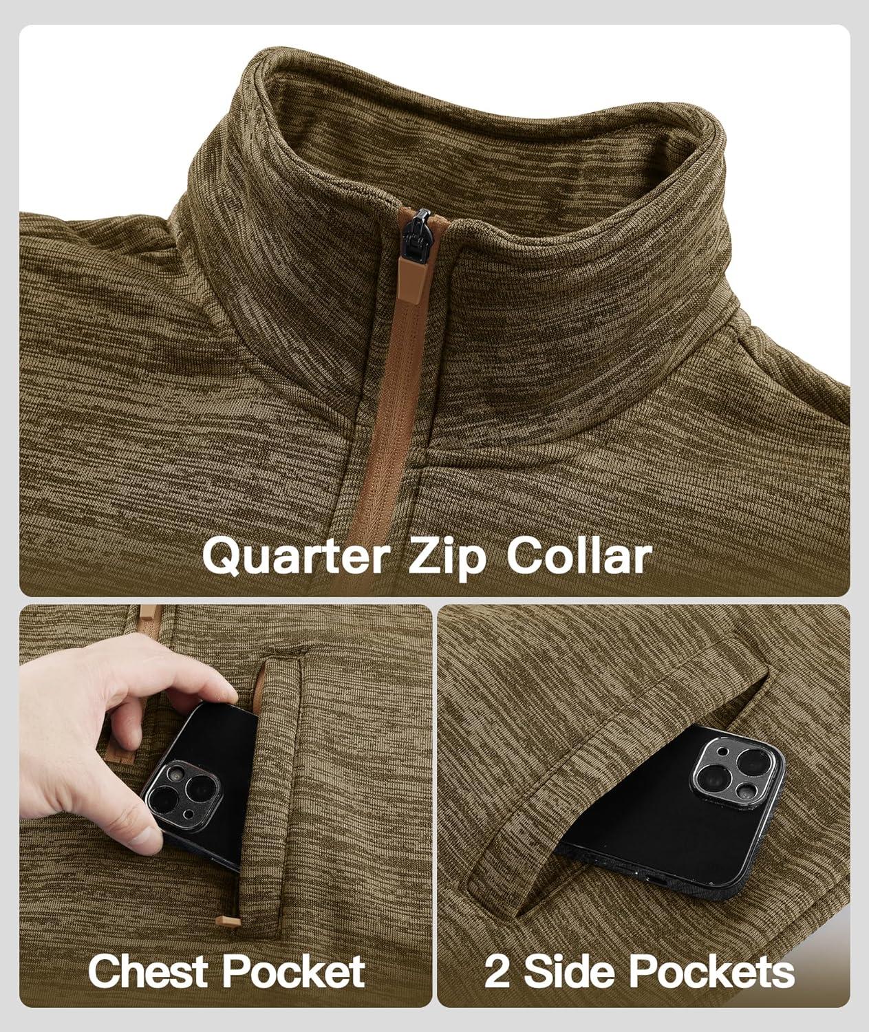 imageZITY Mens Quarter Zip Pullover Mock Neck Fleece Lined Thermal Sweatshirt with Pocket Polo SweatersKhaki