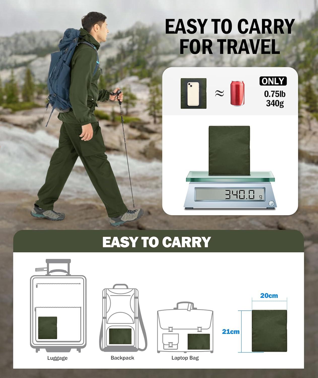 imageZITY Mens Rain Over Pants Waterproof Heavy Duty Thick Hiking Pants Golf Pants with Lightweight Packable BagArmy Green